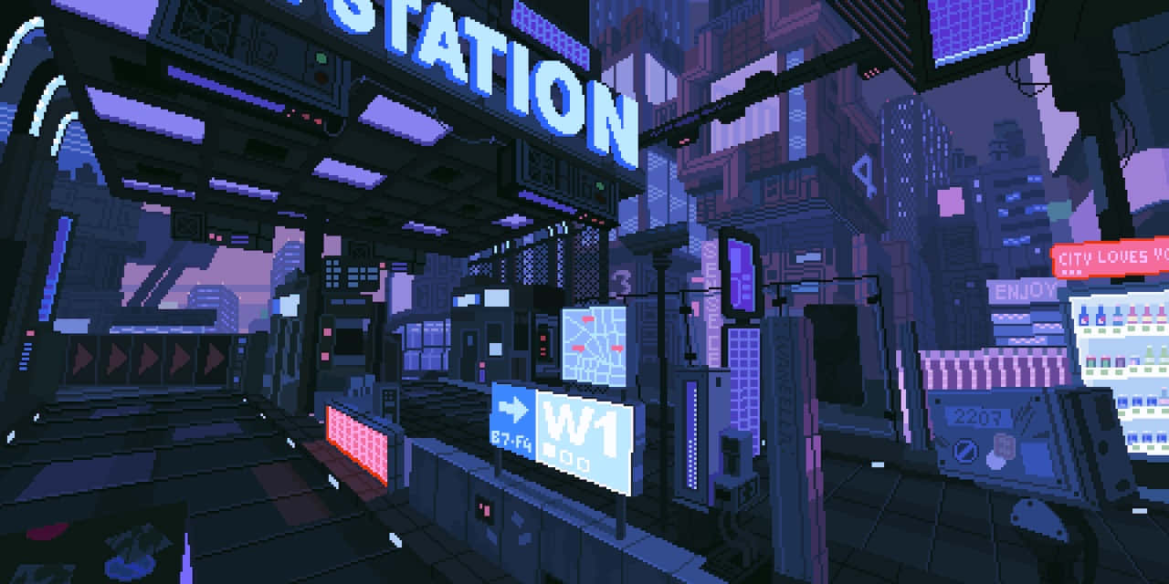 Cyberpunk Pixel Art, neon signs, digital displays, HD Desktop Wallpaper