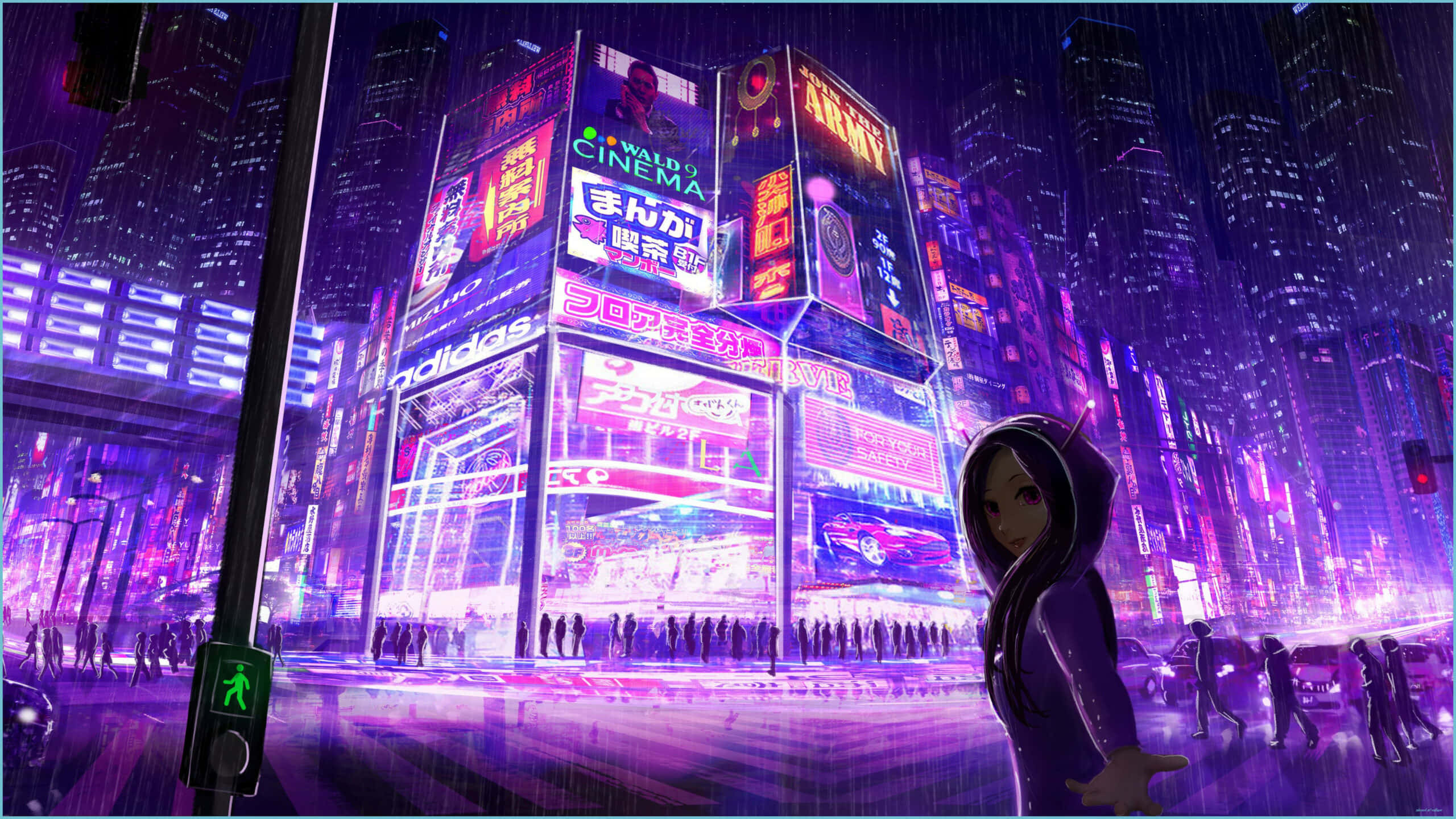 Cyberpunk Pixel Art, neon-drenched cyberpunk cityscape, purple and pink digital billboards, 2K Desktop Wallpaper