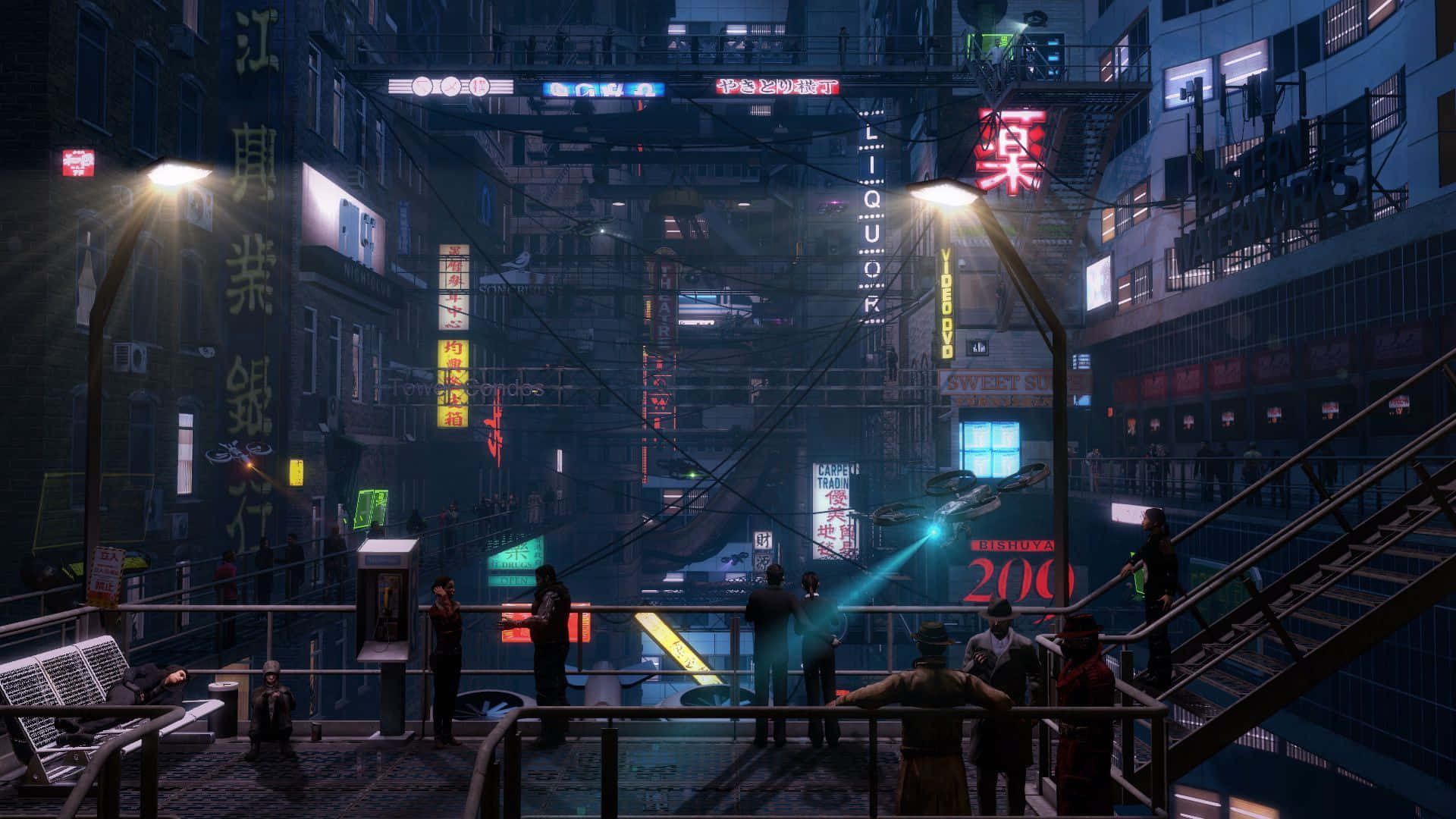 cyberpunk pixel art, neon-lit cyberpunk alleyway, towering buildings, Full HD Desktop Wallpaper