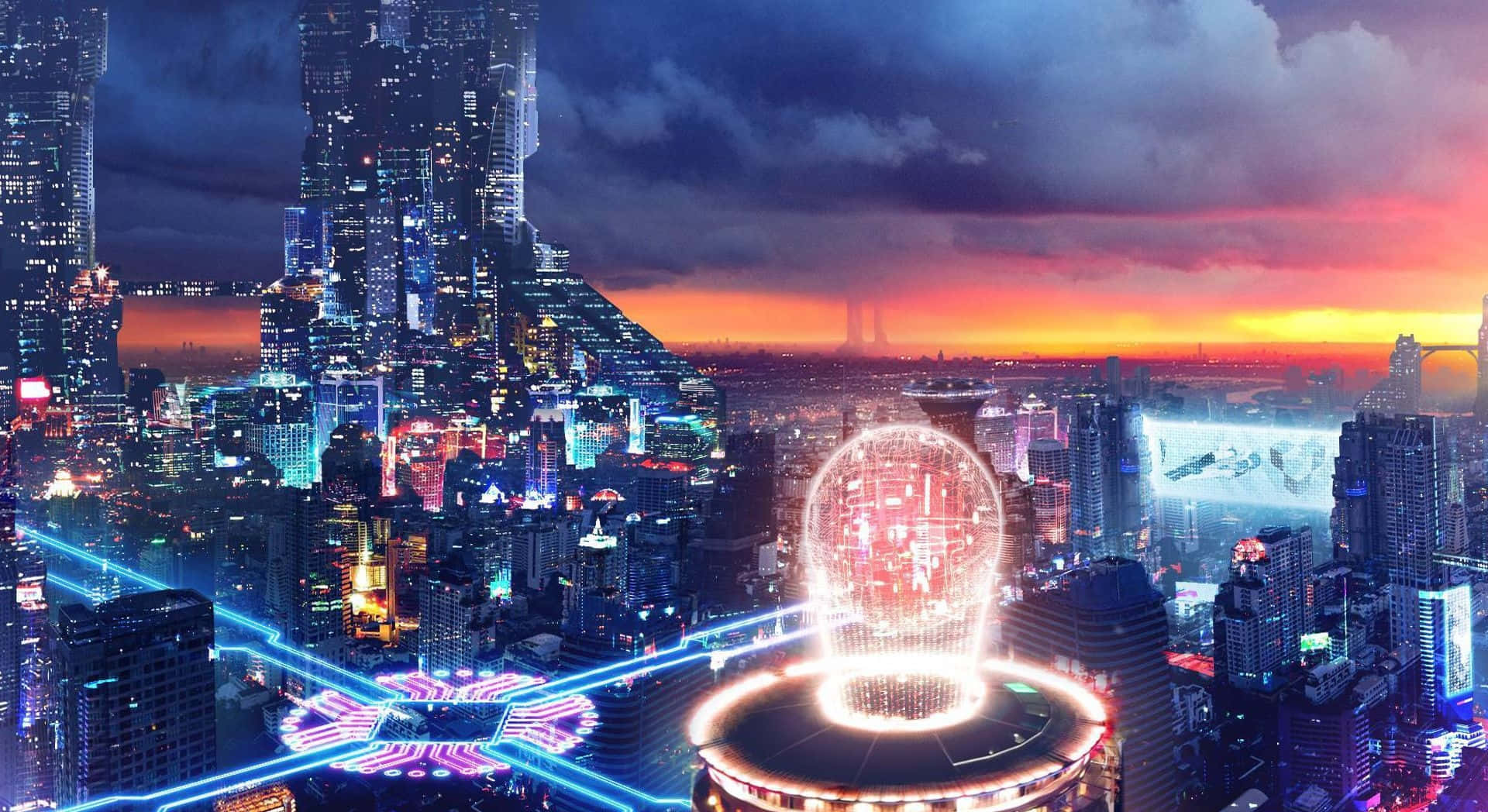 futuristic cityscape, sunset, glowing skyscrapers, Full HD Desktop Wallpaper