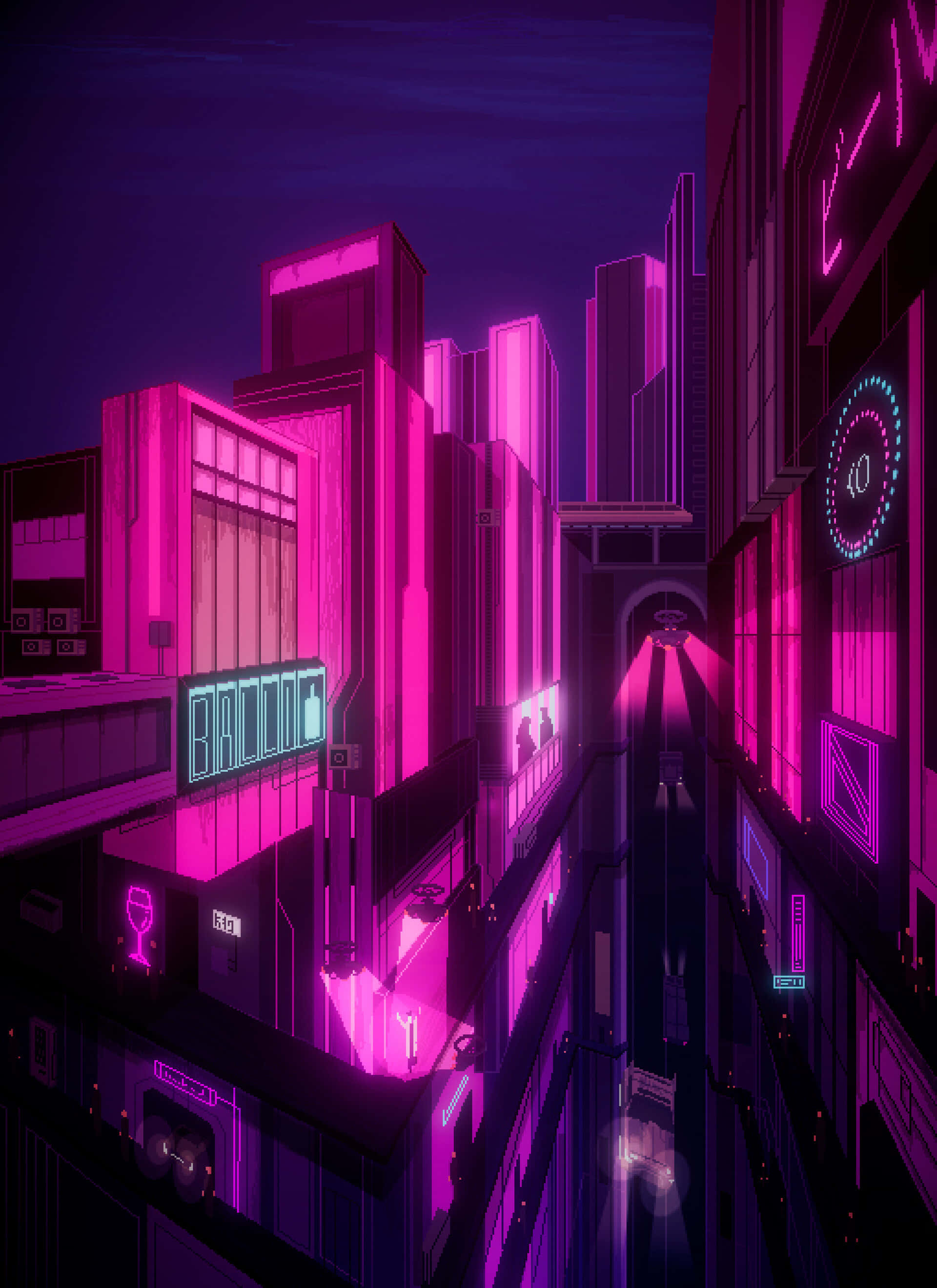 cyberpunk cityscape, pixel art, neon-drenched alleyway, 2K Phone Wallpaper