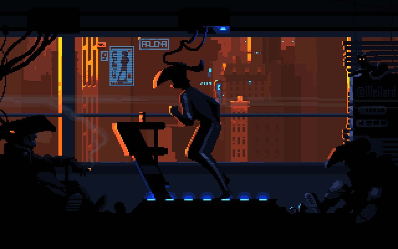 Cyberpunk, Pixel Art, neon-lit urban rooftop, HD Desktop Wallpaper