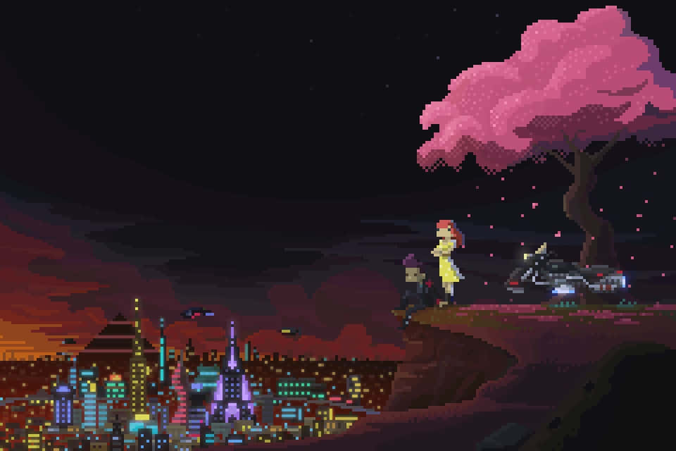 Cyberpunk Pixel Art, pink cherry blossom tree, glowing futuristic city, SD Desktop Wallpaper