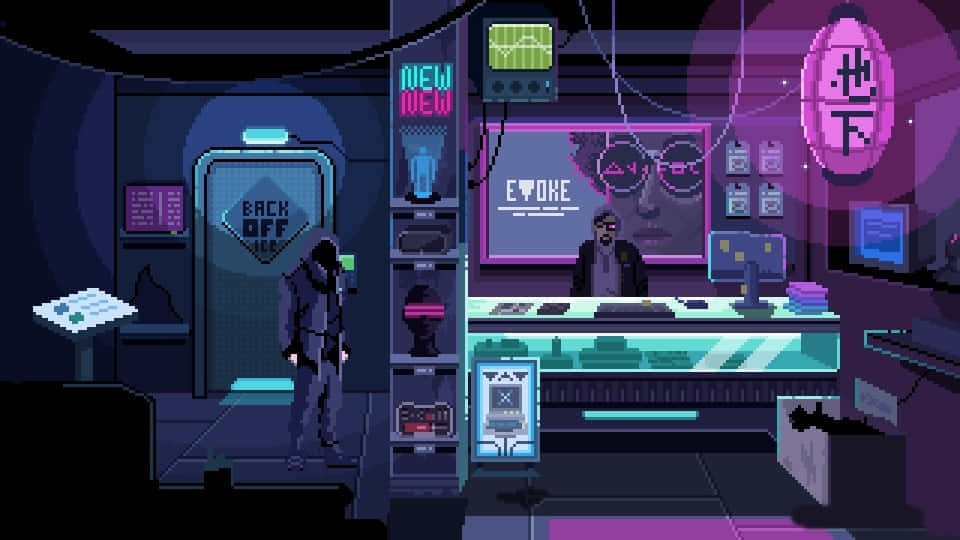 Cyberpunk, neon-lit city, pixel-art cyberpunk lounge, SD Desktop Wallpaper