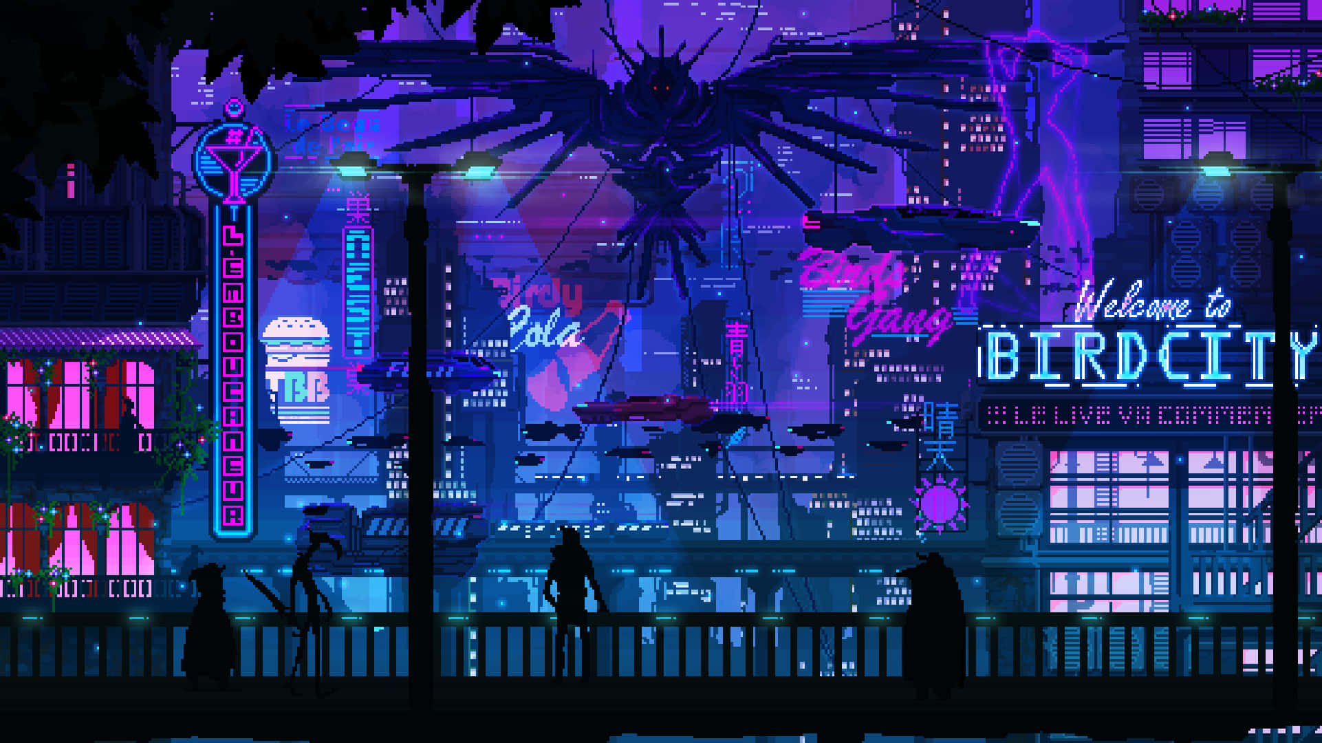 cyberpunk pixel art, neon signs, purple, Full HD Desktop Wallpaper