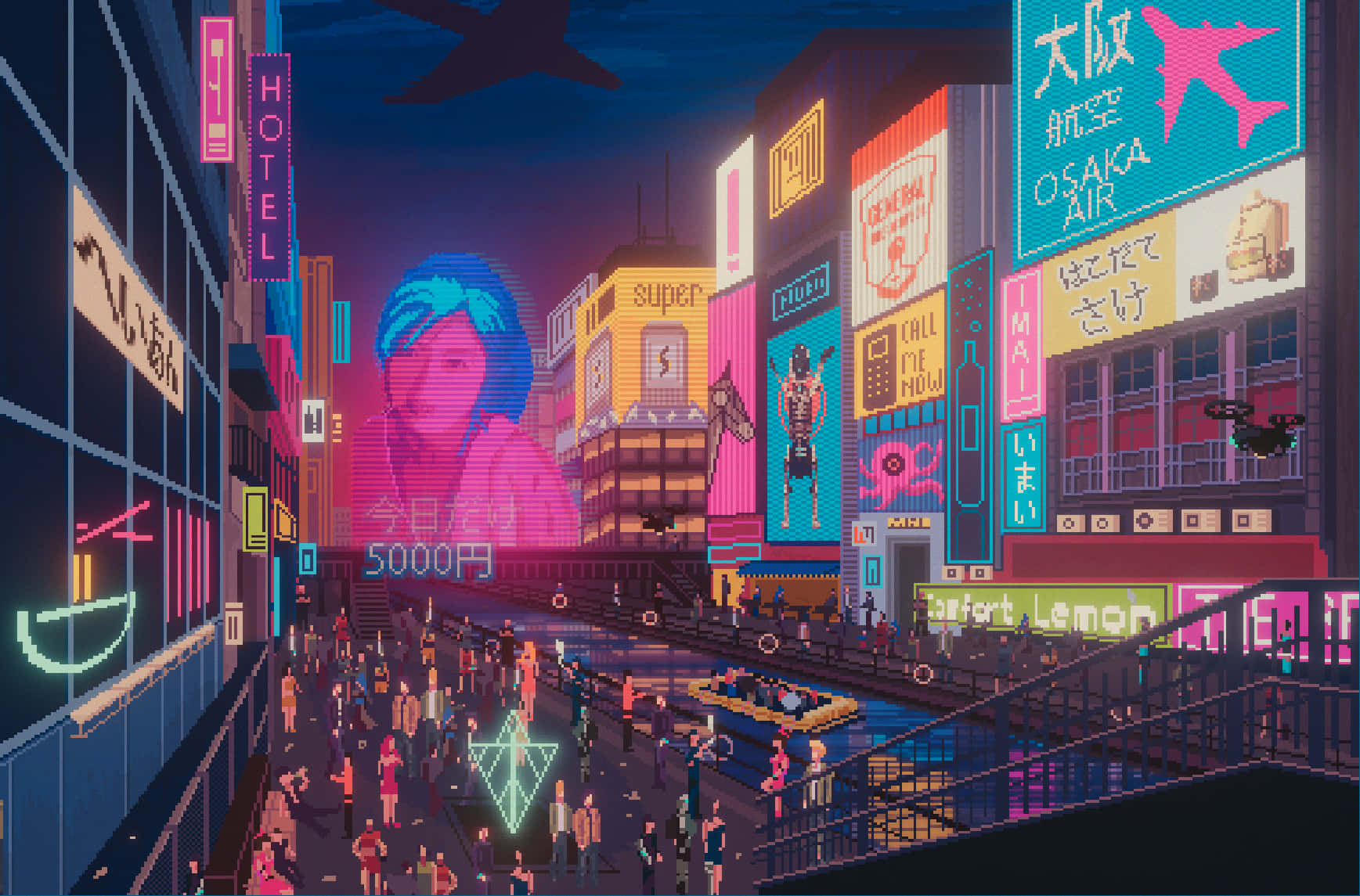 Cyberpunk Pixel Art, neon signs, city street, HD Desktop Wallpaper