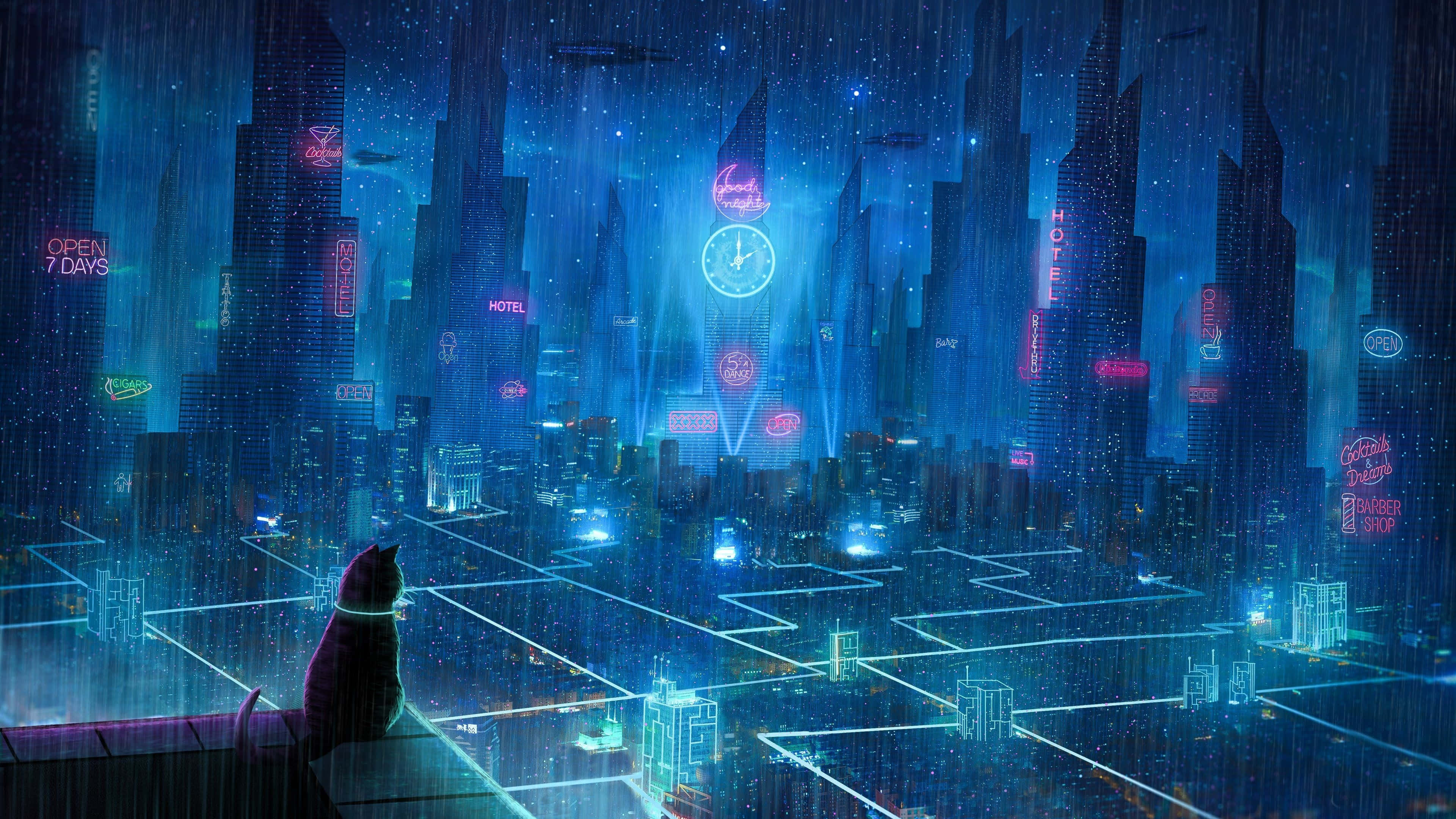 cyberpunk pixel art, neon skyscrapers, rain-slicked, 4K Desktop Wallpaper