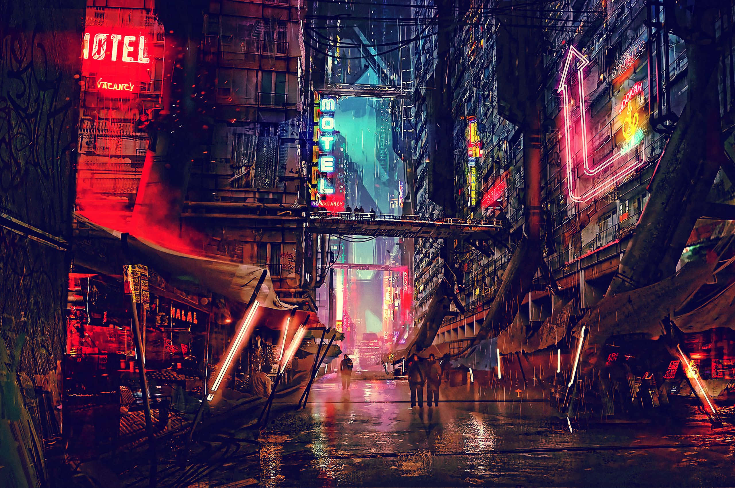 Cyberpunk Pixel Art, neon-lit alleyway, glowing signs, 2K Desktop Wallpaper