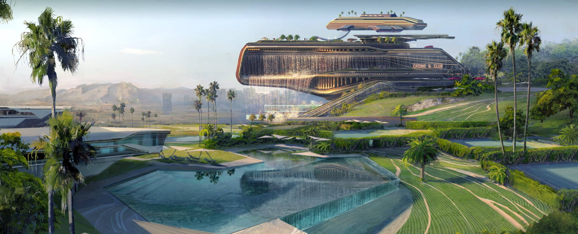 Ultrawide Cyberpunk Concept Art, floating hotel, cascading waterfalls, Full HD Desktop Wallpaper