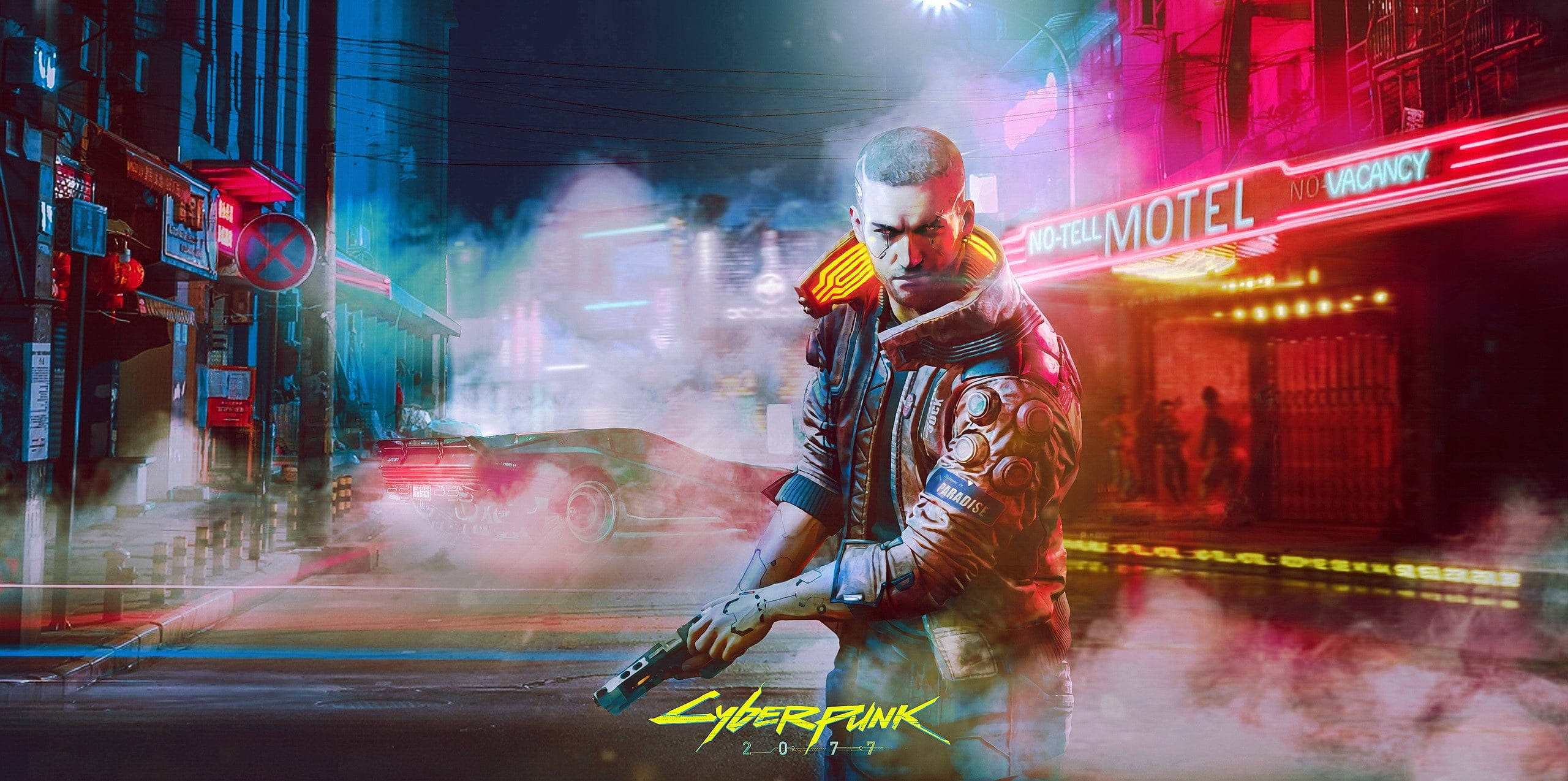Ultrawide, Cyberpunk, bald man, 2K Desktop Wallpaper