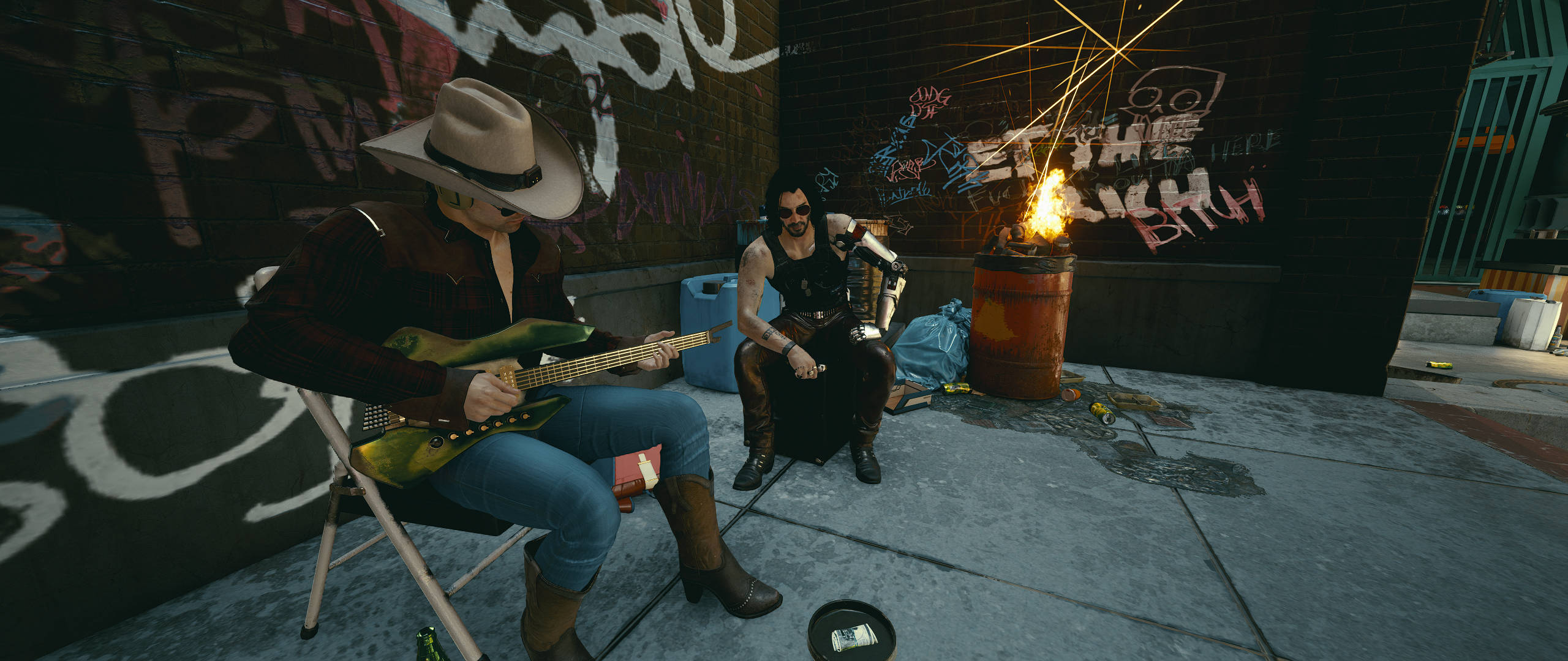 cyberpunk musicians, graffiti-covered urban sidewalk, flaming barrel, 2K Desktop Wallpaper