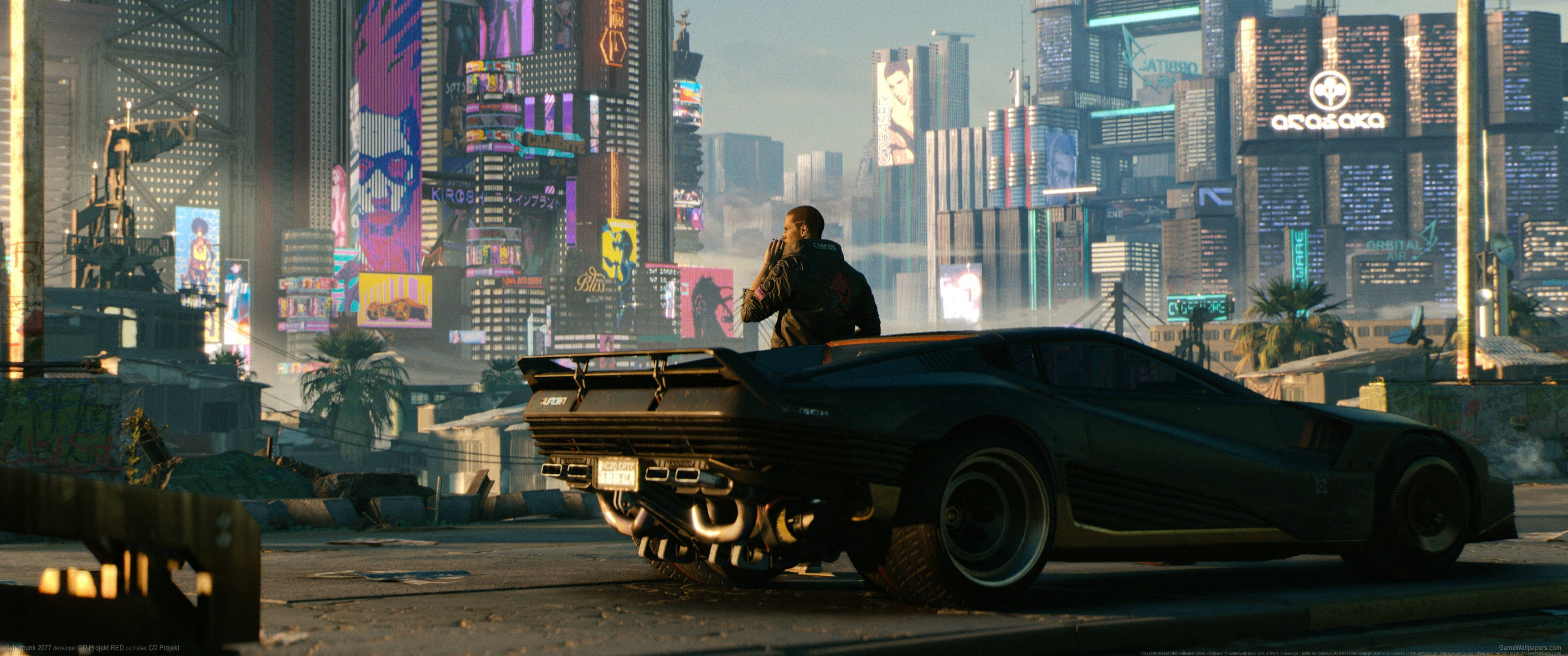 Ultrawide Cyberpunk Man Leaning On A Car, sleek black sports car, neon-lit cyberpunk cityscape, 2K Desktop Wallpaper