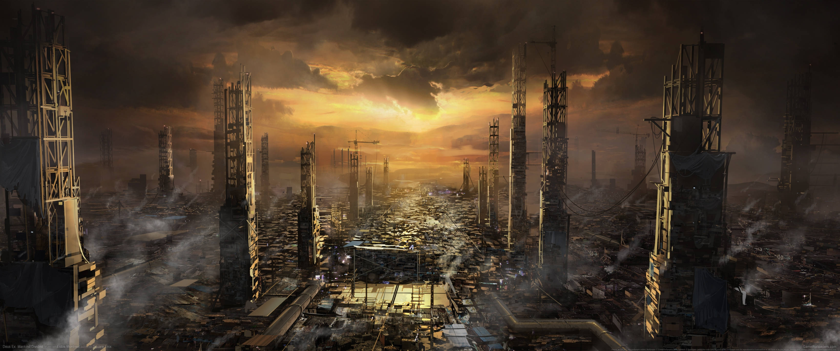 Ultrawide Cyberpunk Under Construction Buildings, sunset, towering skeletal skyscrapers, 2K Desktop Wallpaper