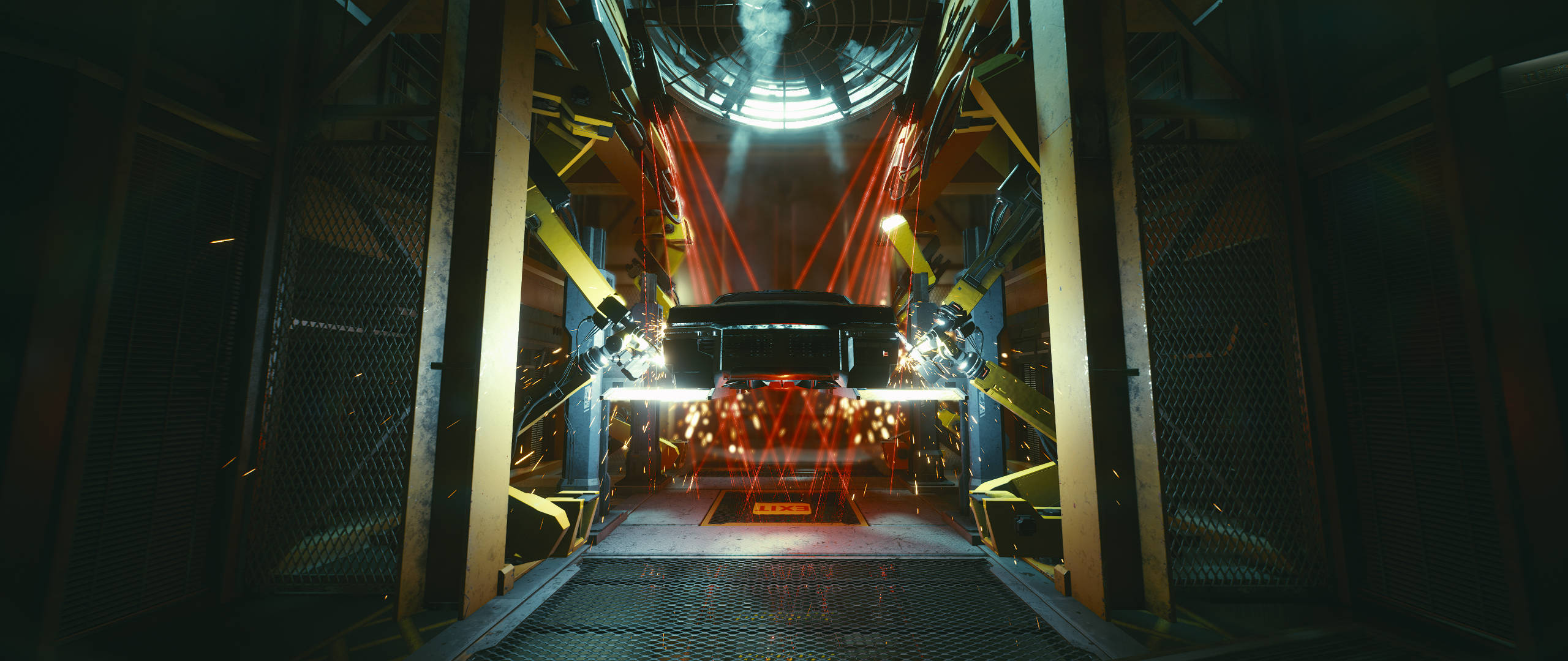 Ultrawide Cyberpunk Car Resole, sleek black car, robotic arms, 2K Desktop Wallpaper