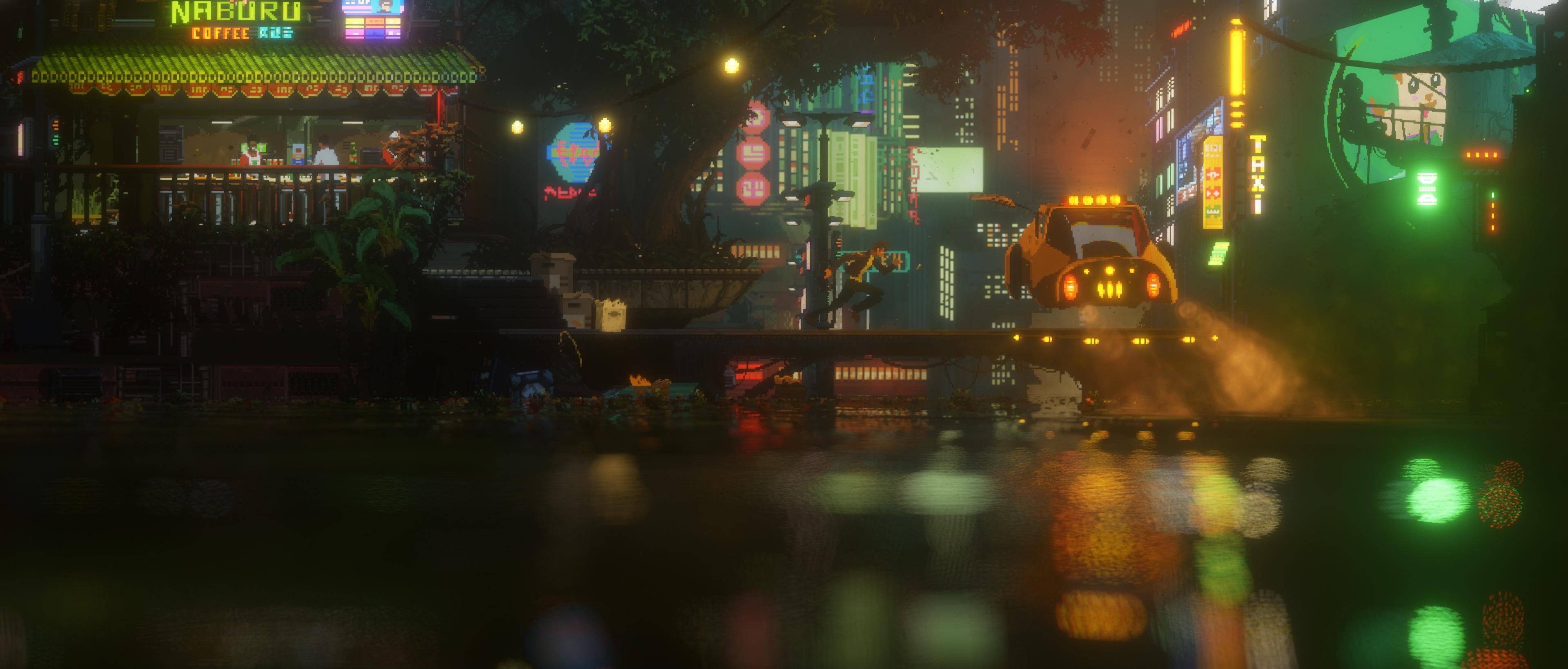 neon-lit, rain-soaked, city street, 4K Desktop Wallpaper