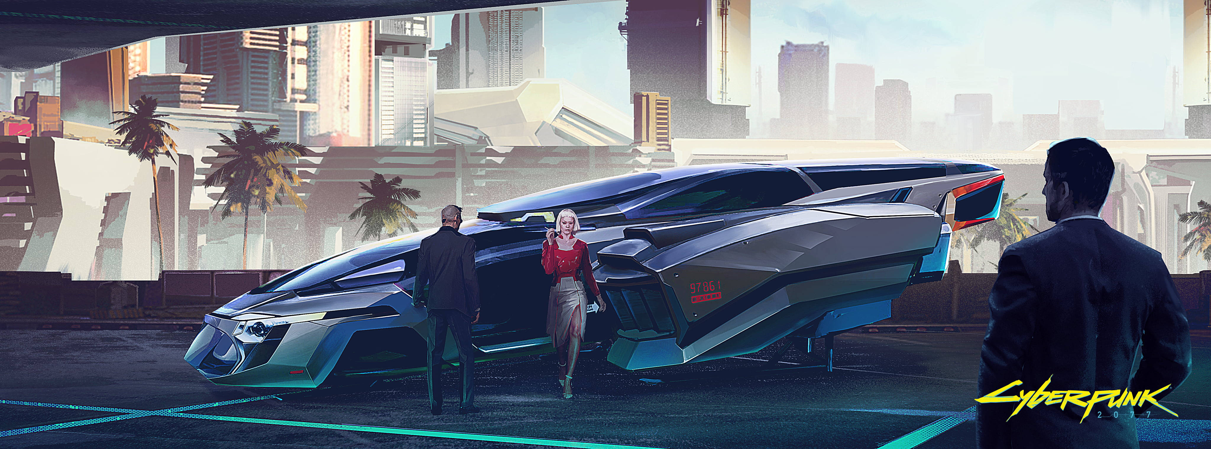 Ultrawide Cyberpunk Concept Art, flying car, neon-lit cyberpunk cityscape, 4K Desktop Wallpaper
