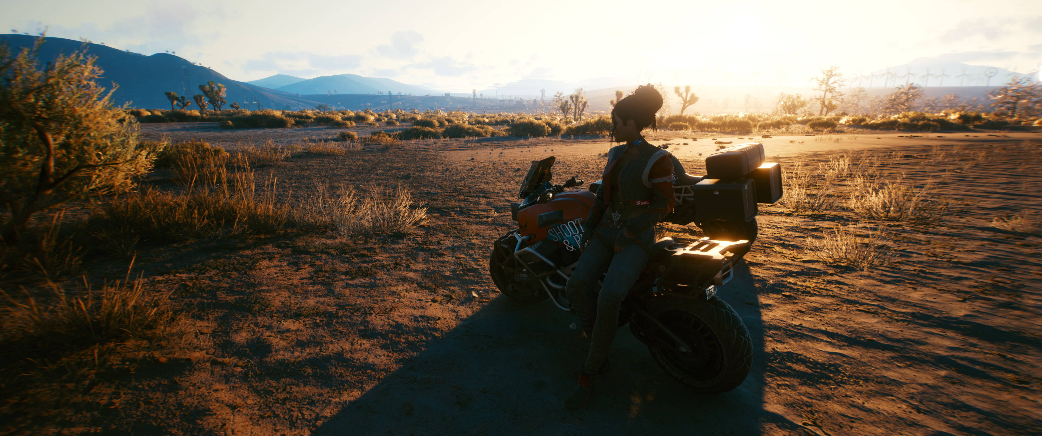 Cyberpunk Girl, motorcycle, desert, 2K Desktop Wallpaper