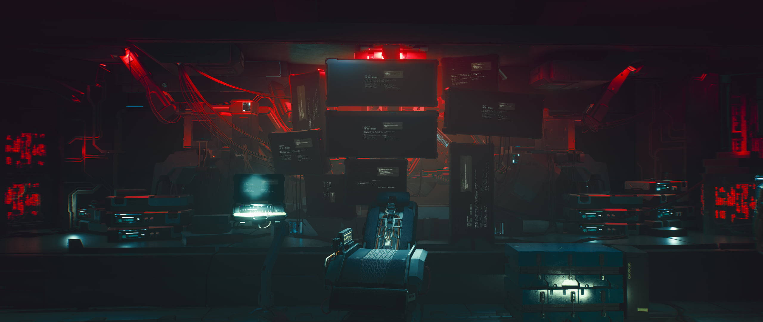 Ultrawide Cyberpunk Cyber Room, red and blue neon light, futuristic control room, 2K Desktop Wallpaper