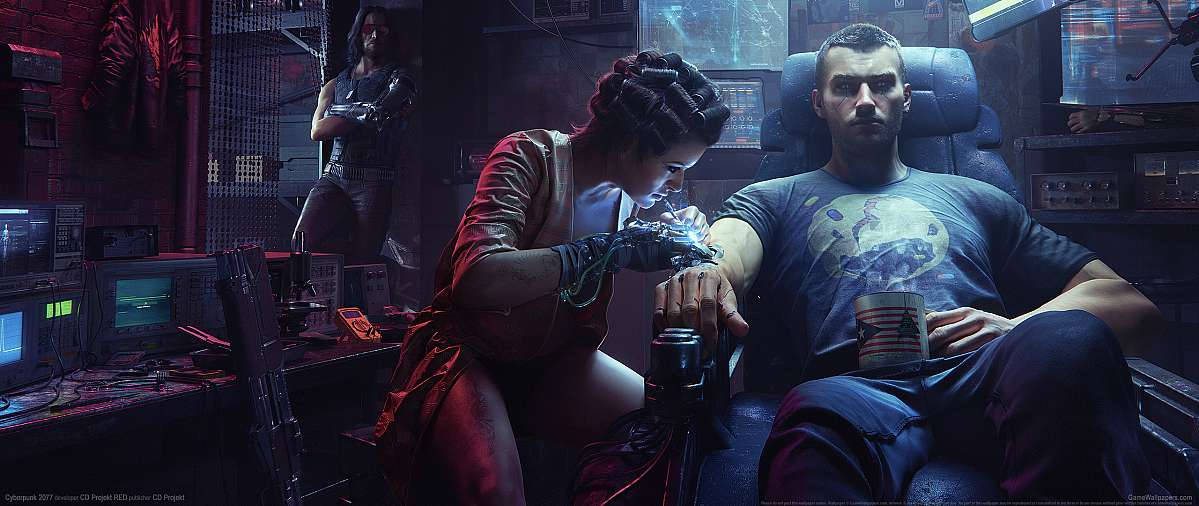 cyberpunk medic, glowing serum, dim neon-lit lab, SD Desktop Wallpaper