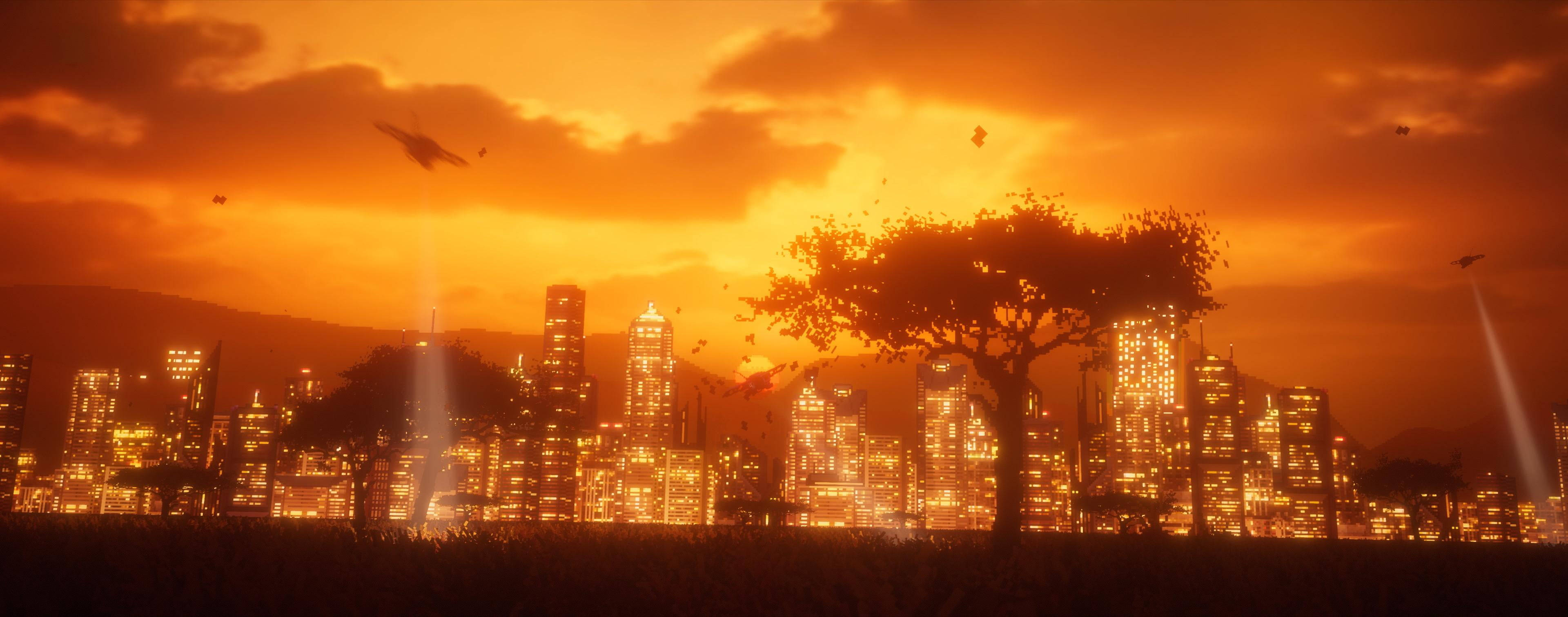 Ultrawide Cyberpunk City On Flame, glowing orange sunset, futuristic cityscape, 4K Desktop Wallpaper