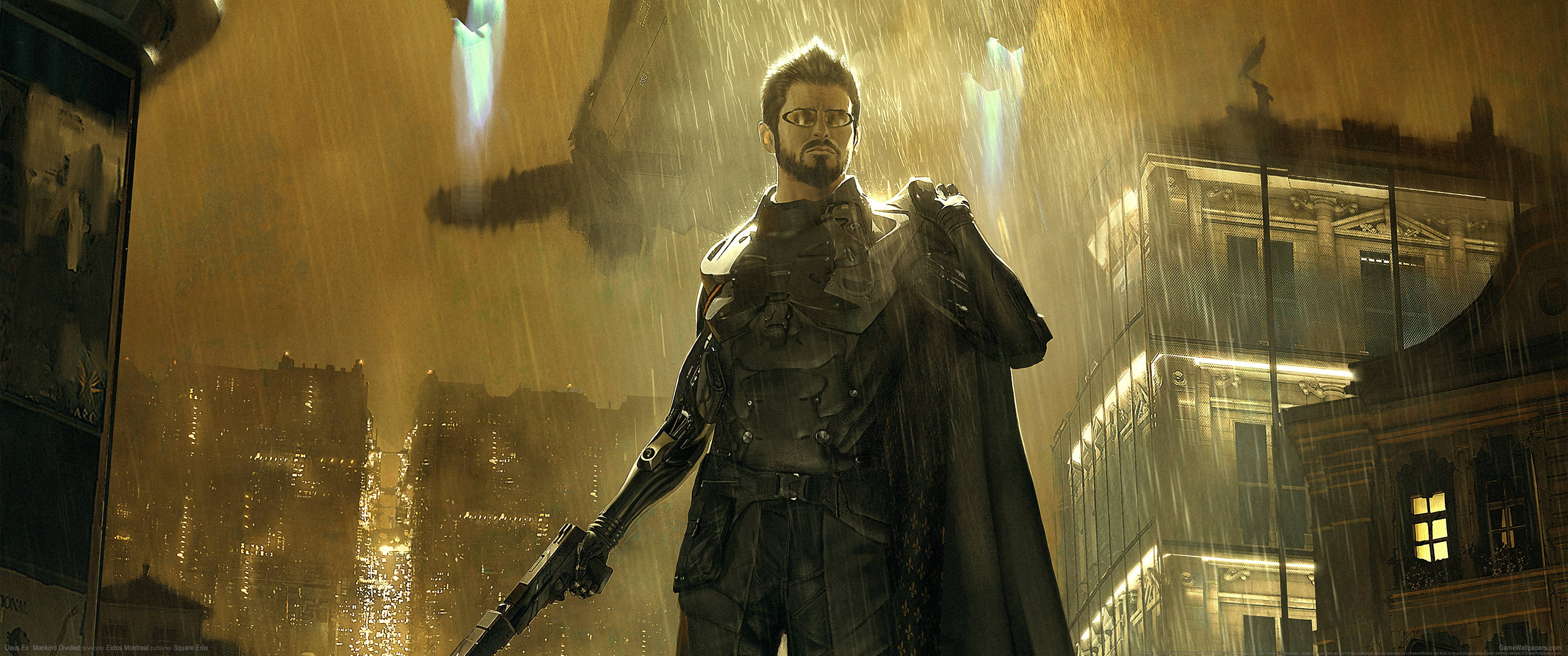 Ultrawide Cyberpunk Guy In Metal Outfit, neon-lit urban alley, rain-drenched, 2K Desktop Wallpaper