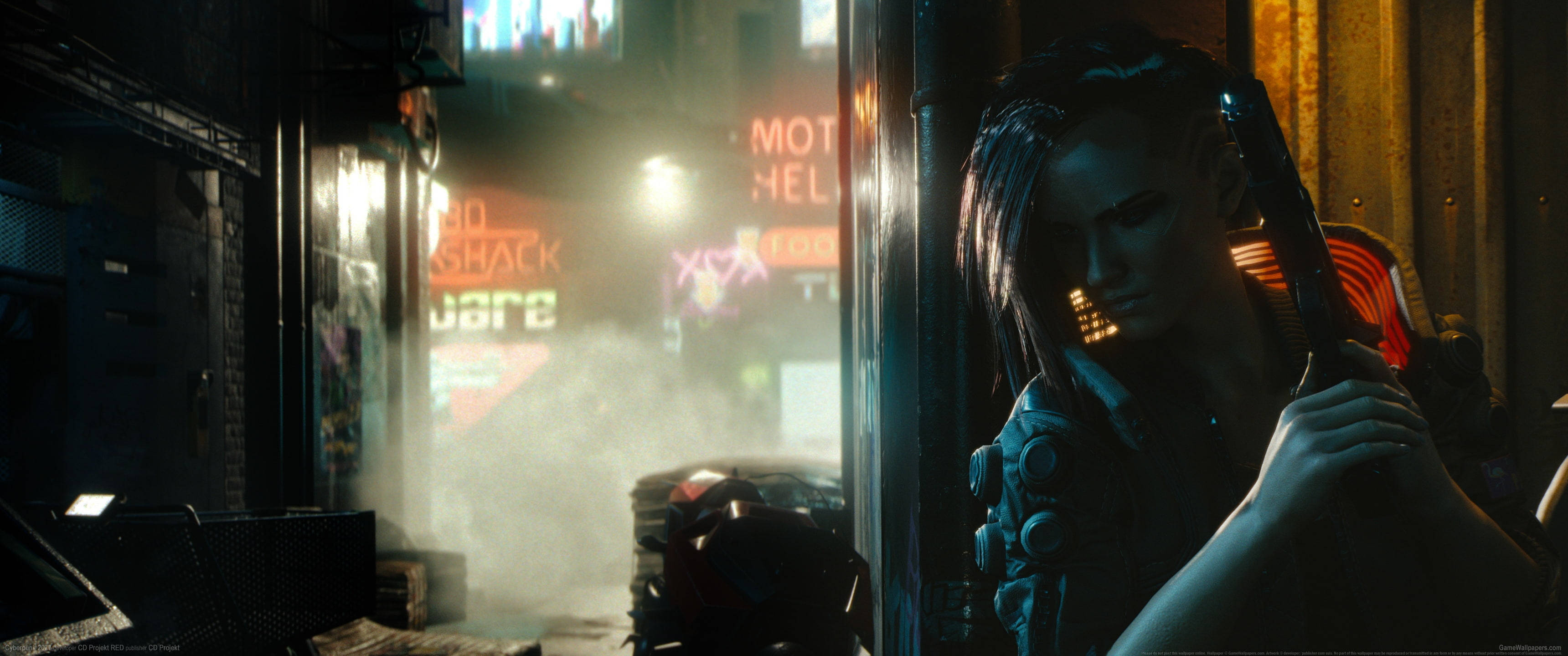 cyberpunk woman, glowing cybernetics, smoky neon-lit alley, 2K Desktop Wallpaper