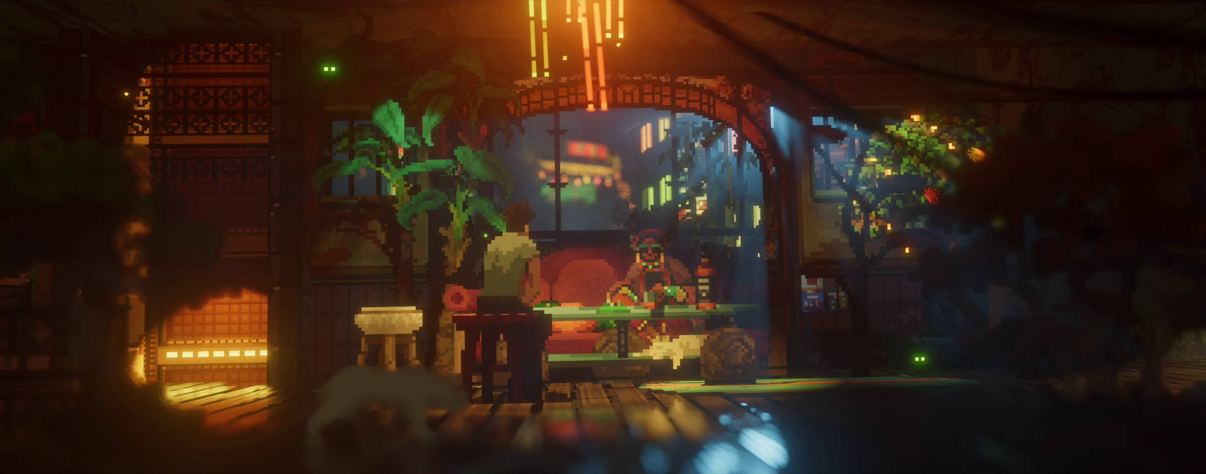 Ultrawide Cyberpunk Dining, glowing green table, warm lanterns, 4K Desktop Wallpaper