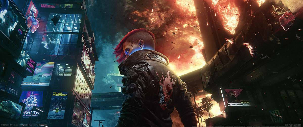cyberpunk figure, red hair, neon-lit city, SD Desktop Wallpaper