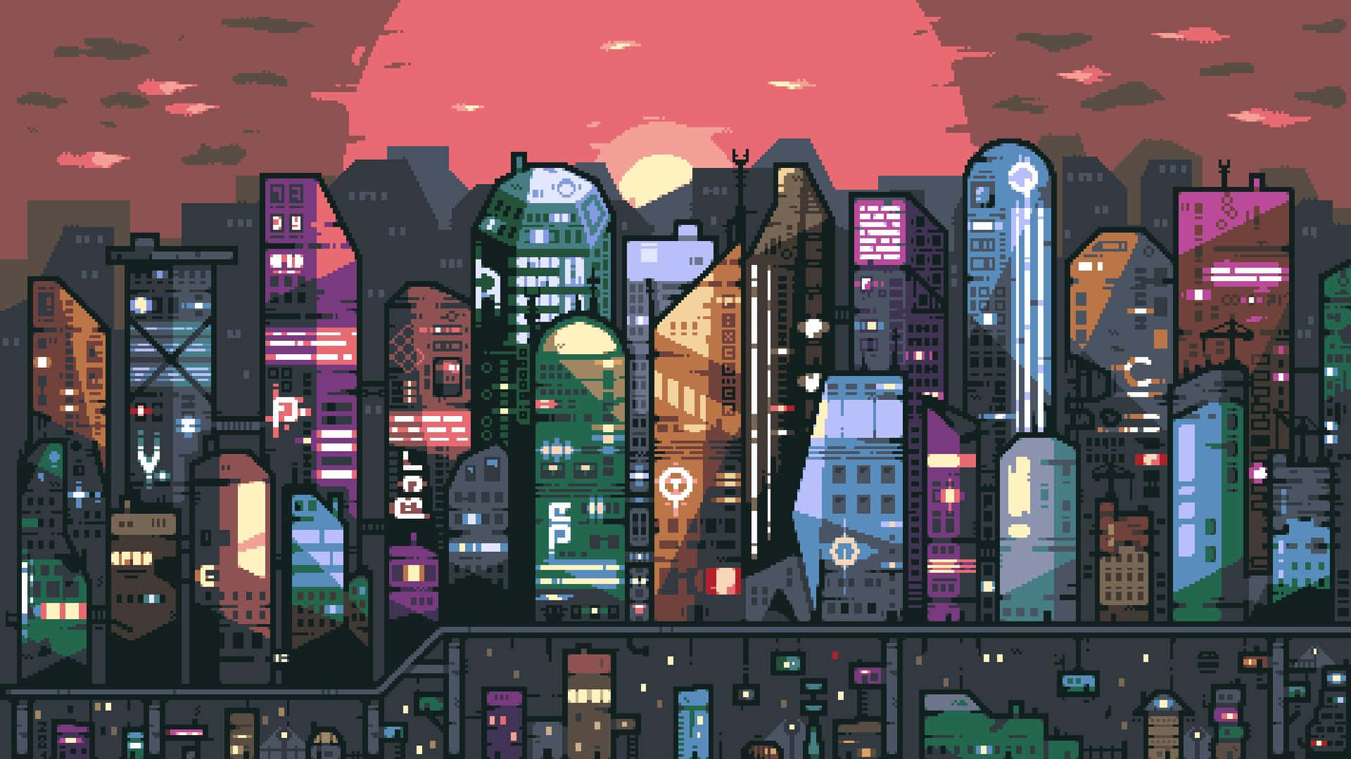 Cyberpunk Pixel Art, sunset, neon-lit skyscrapers, Full HD Desktop Wallpaper