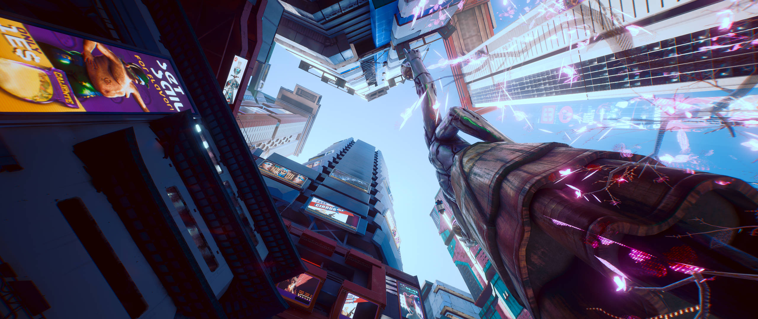 Ultrawide Cyberpunk Bottom View, futuristic cityscape, towering skyscrapers, 2K Desktop Wallpaper
