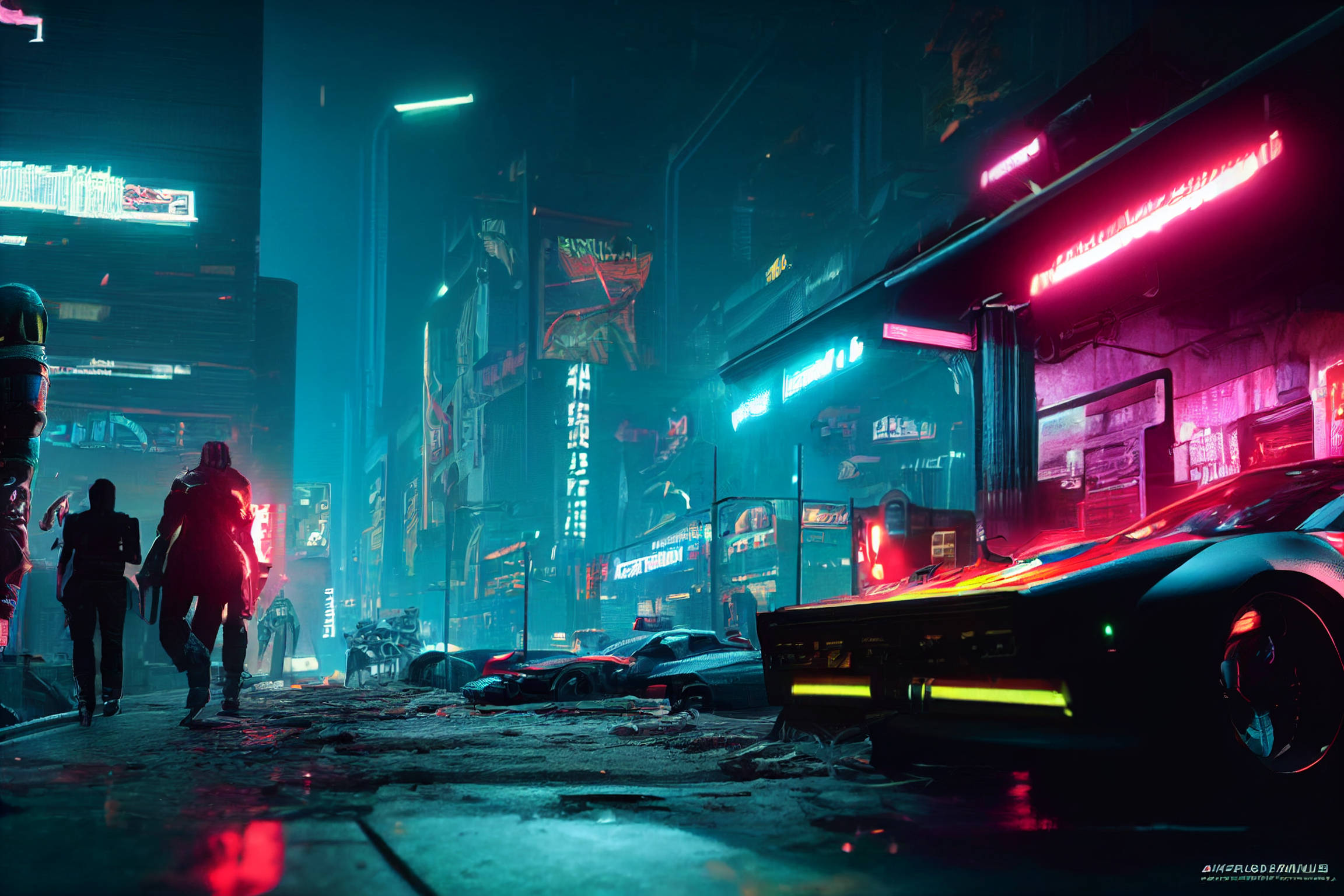 cyberpunk alleyway, neon-drenched, glowing billboards, Full HD Desktop Wallpaper