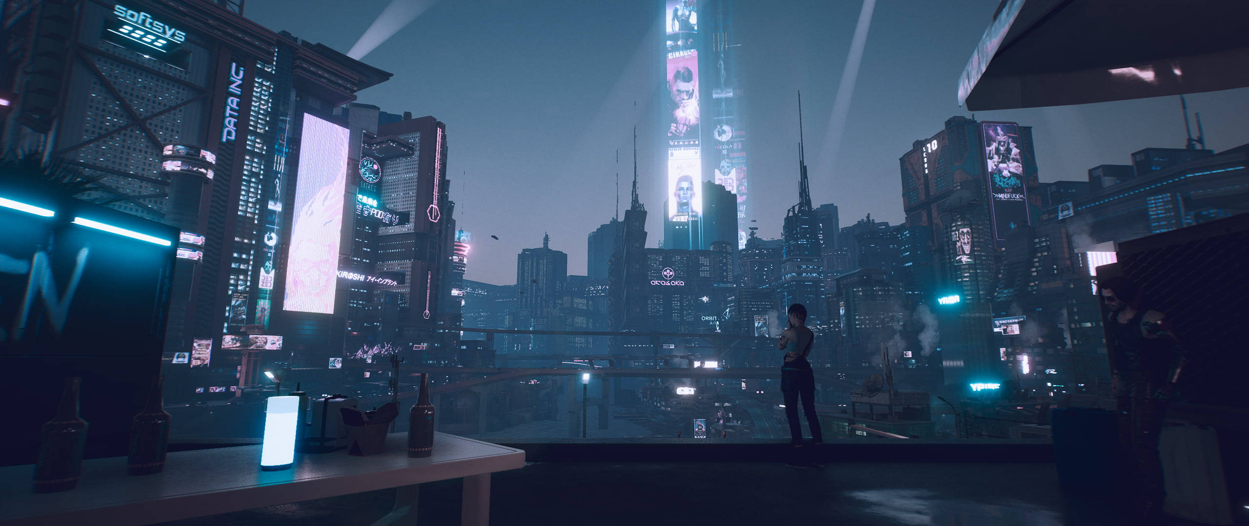 Cyberpunk Girl, Terrace, Neon-lit cyberpunk cityscape, 2K Desktop Wallpaper