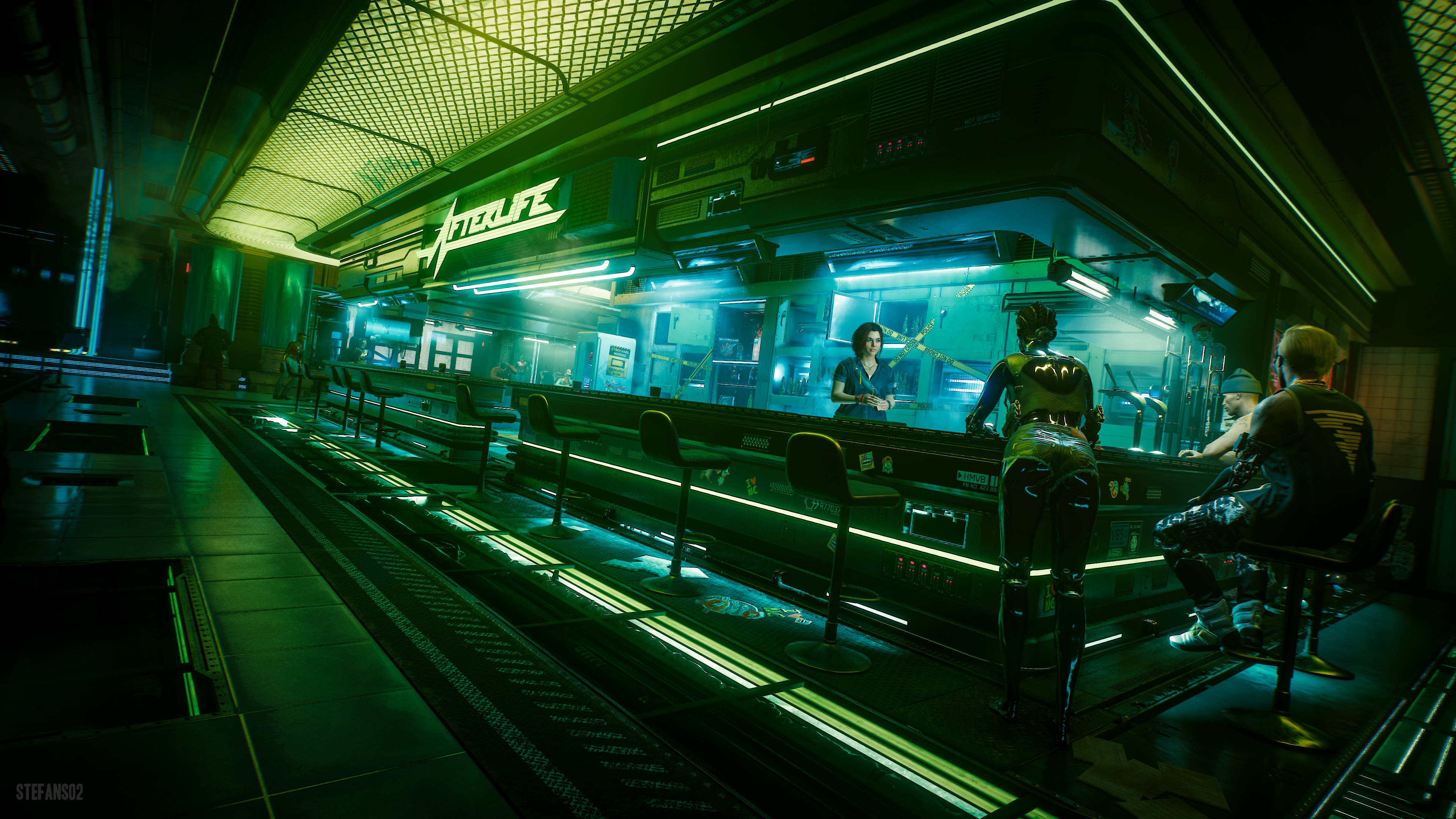 Cyberpunk, neon-lit cyberpunk bar, glowing green and blue lights, 4K Desktop Wallpaper