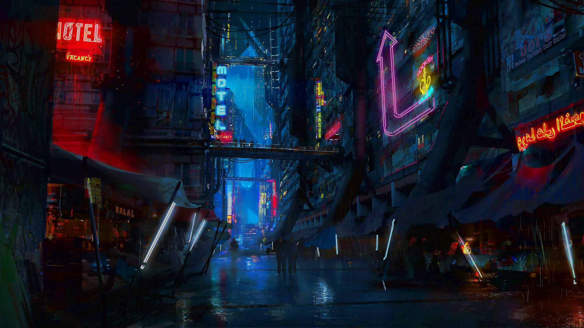 neon-lit alleyway, towering cyberpunk buildings, glowing signs, Full HD Desktop Wallpaper
