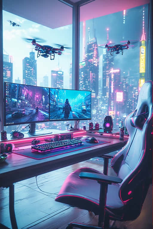 neon-lit cyberpunk cityscape, flying drones, dual monitors, SD Phone Wallpaper