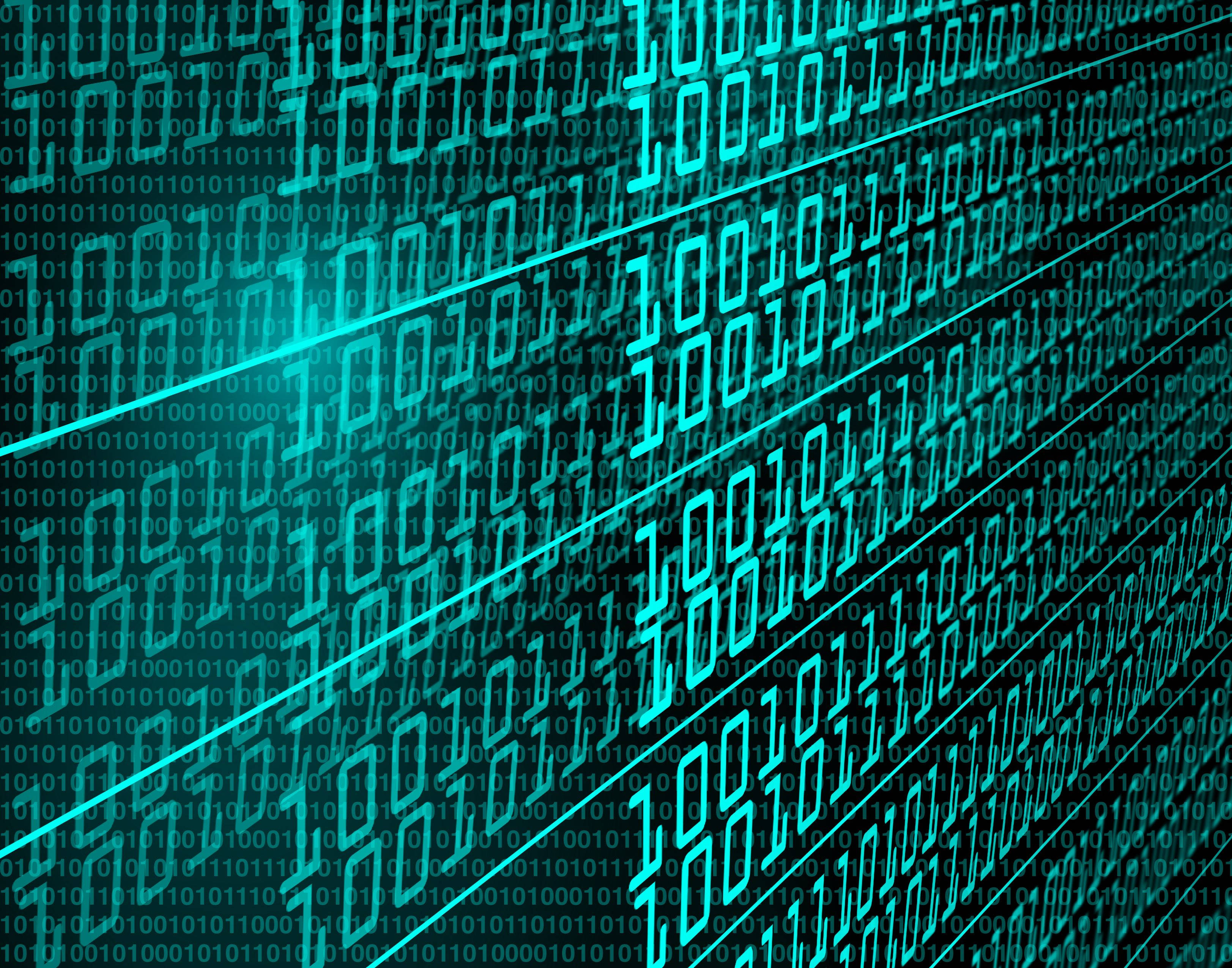 Cyber Security Binary, glowing teal, digital binary code streams, 2K Desktop Wallpaper