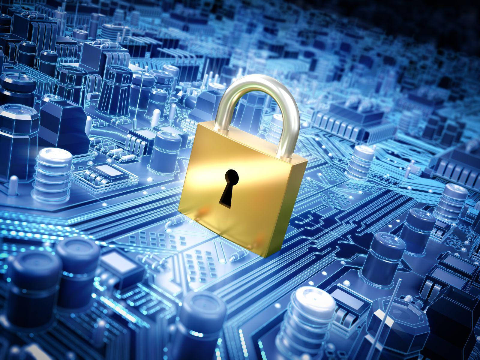golden padlock, glowing blue circuit board, intricate electronic components, HD Desktop Wallpaper