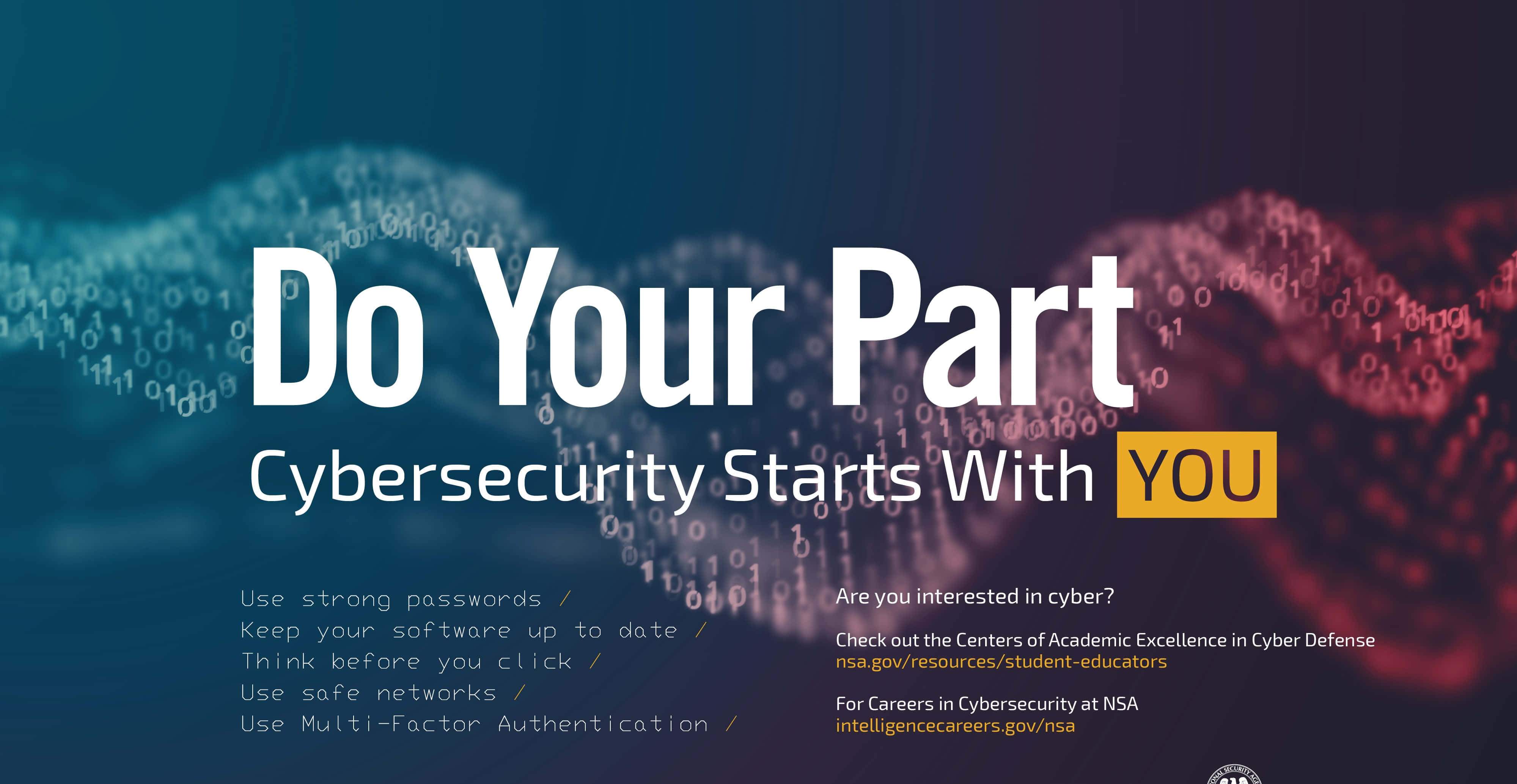 Cybersecurity Awareness Campaign Poster, glowing binary code, blue and red hues, 4K Desktop Wallpaper
