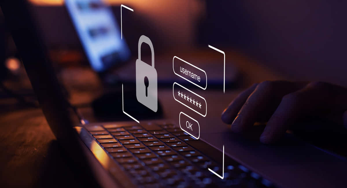 laptop keyboard, glowing digital login screen, padlock icon, SD Desktop Wallpaper
