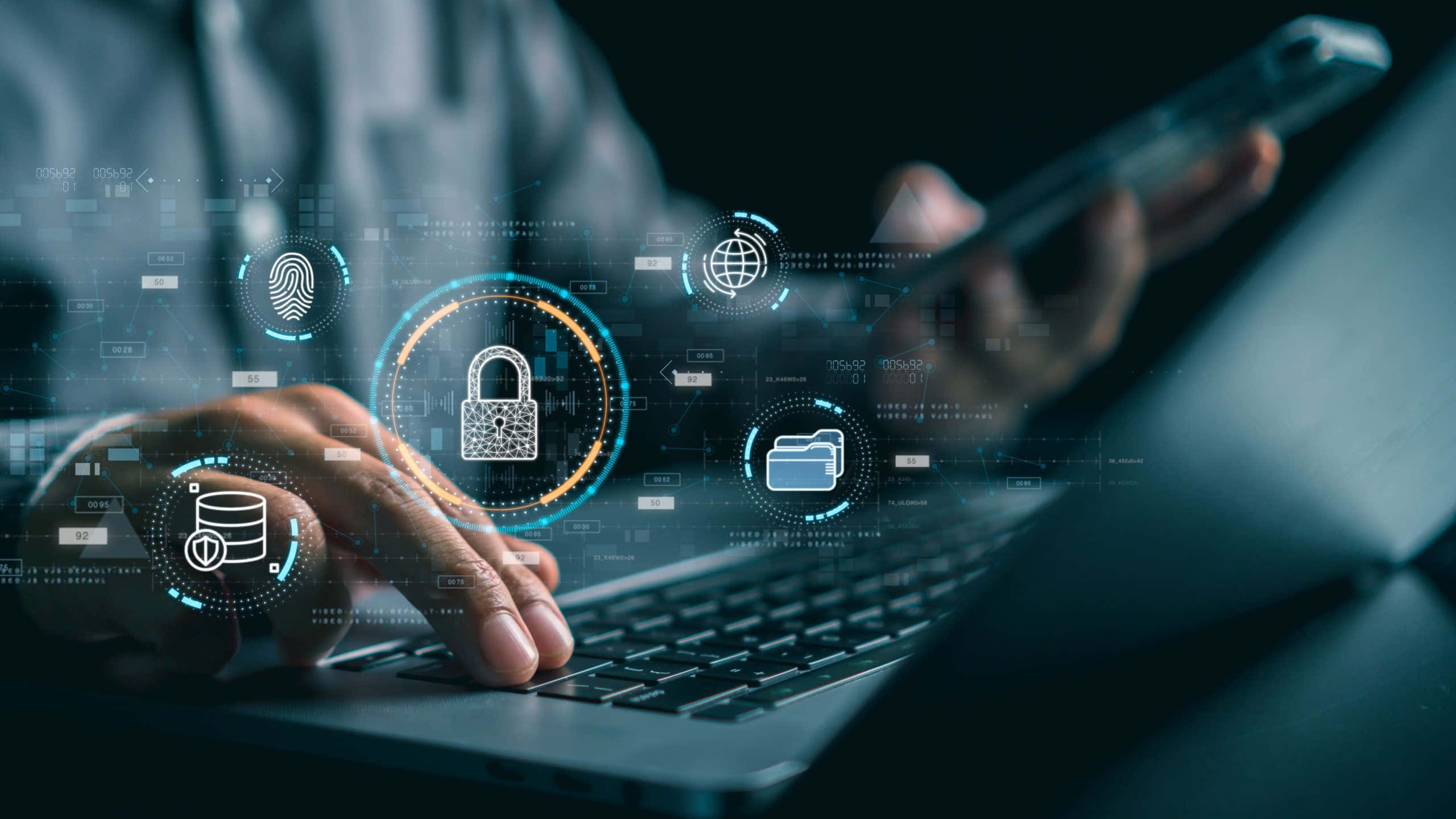 holographic security icons, laptop, dark tech environment, 2K Desktop Wallpaper
