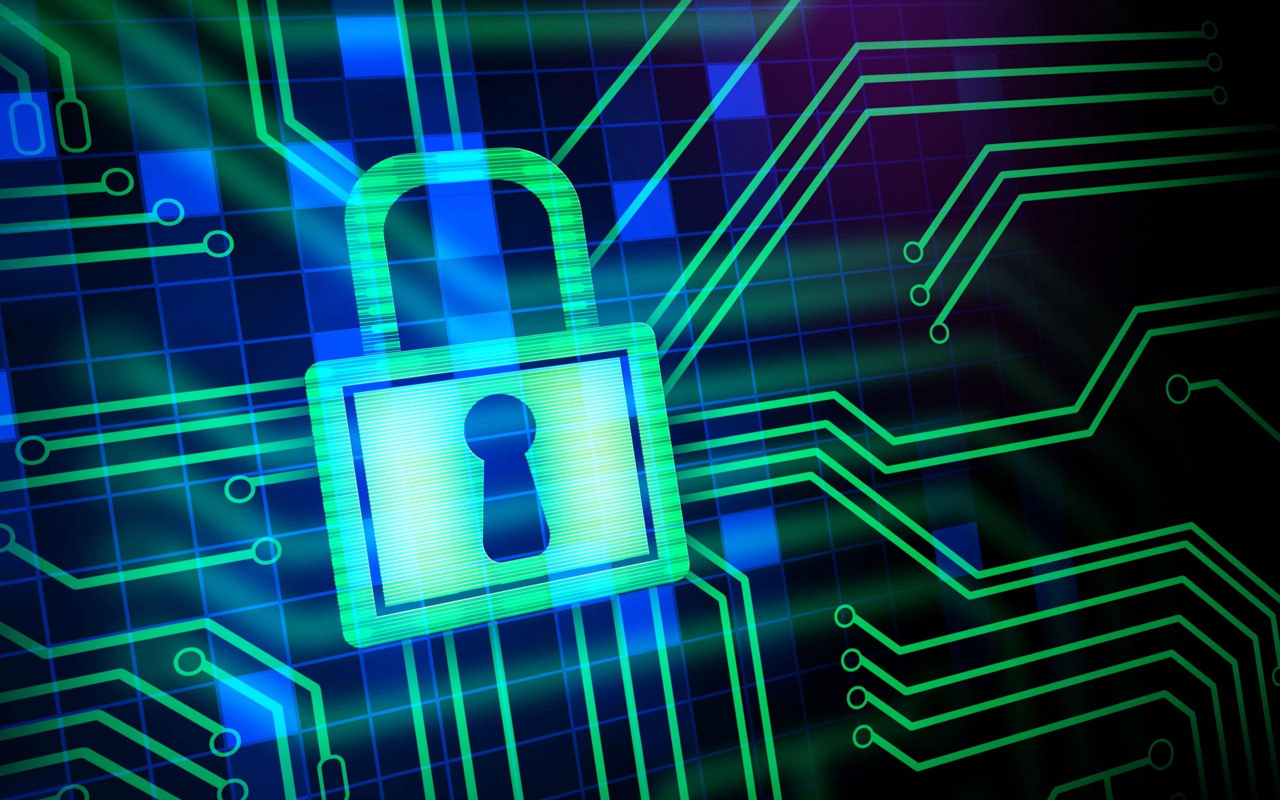Avid Cybersecurity Art, glowing digital padlock, neon green, 2K Desktop Wallpaper