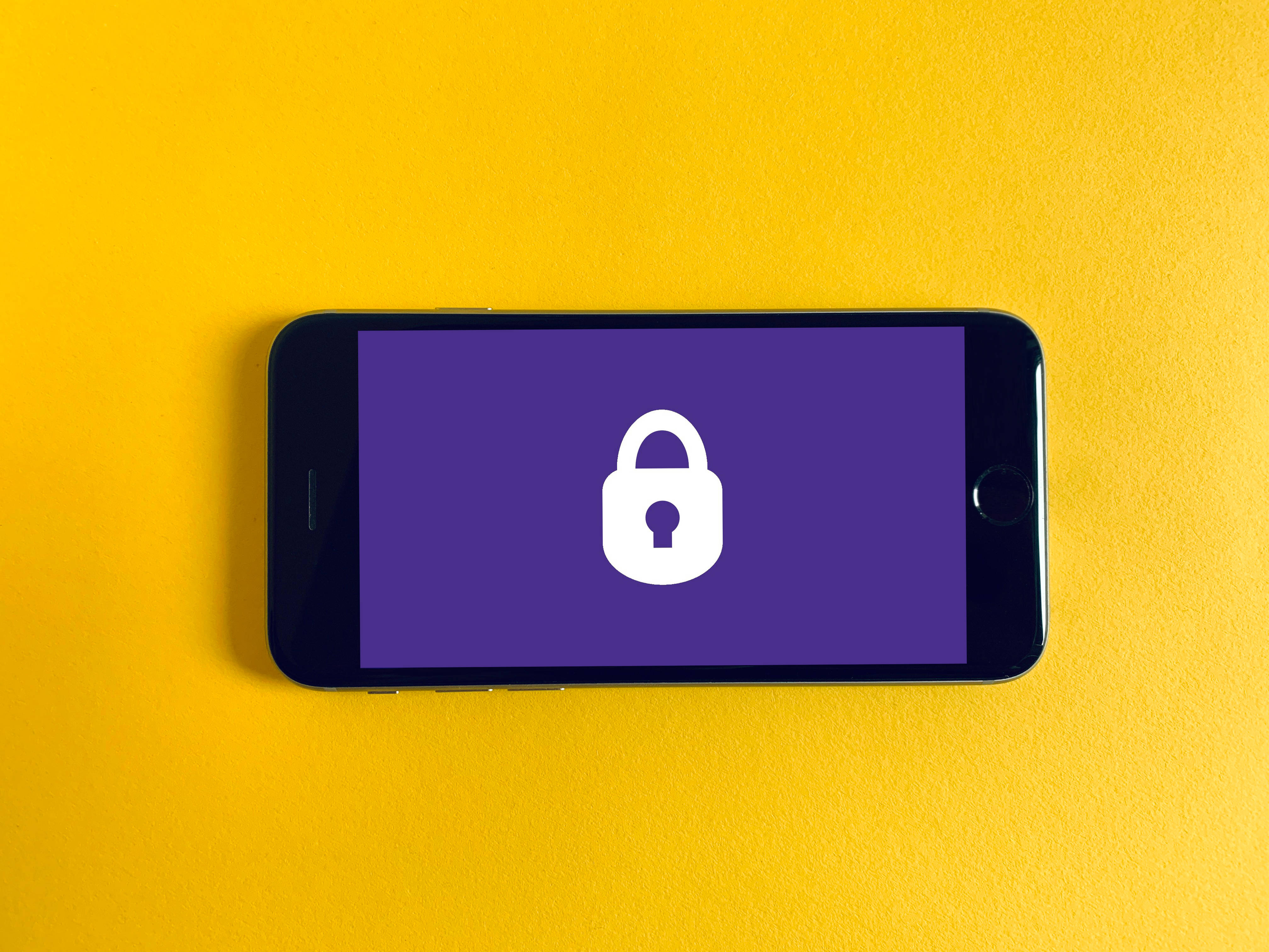 Cybersecurity Icon, white padlock icon, purple screen, 4K Desktop Wallpaper