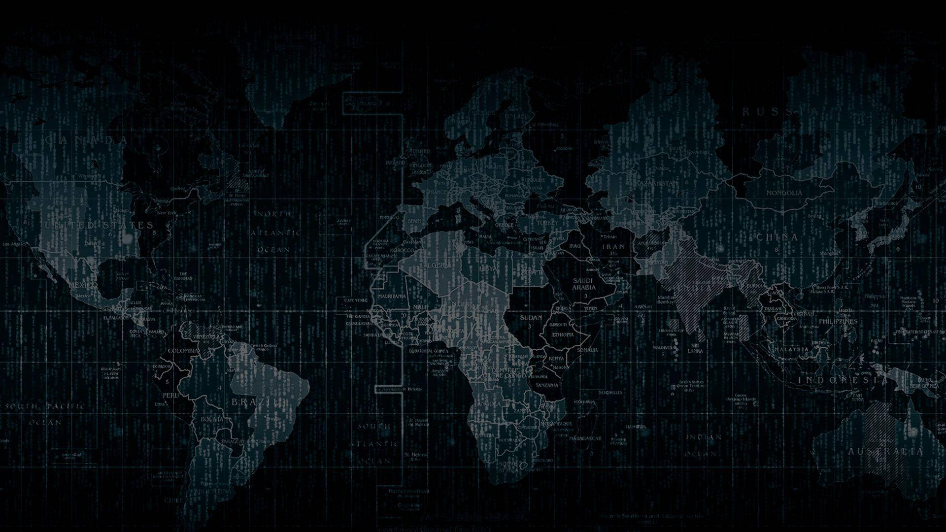 world map, cyber security, glowing blue grid lines, Full HD Desktop Wallpaper