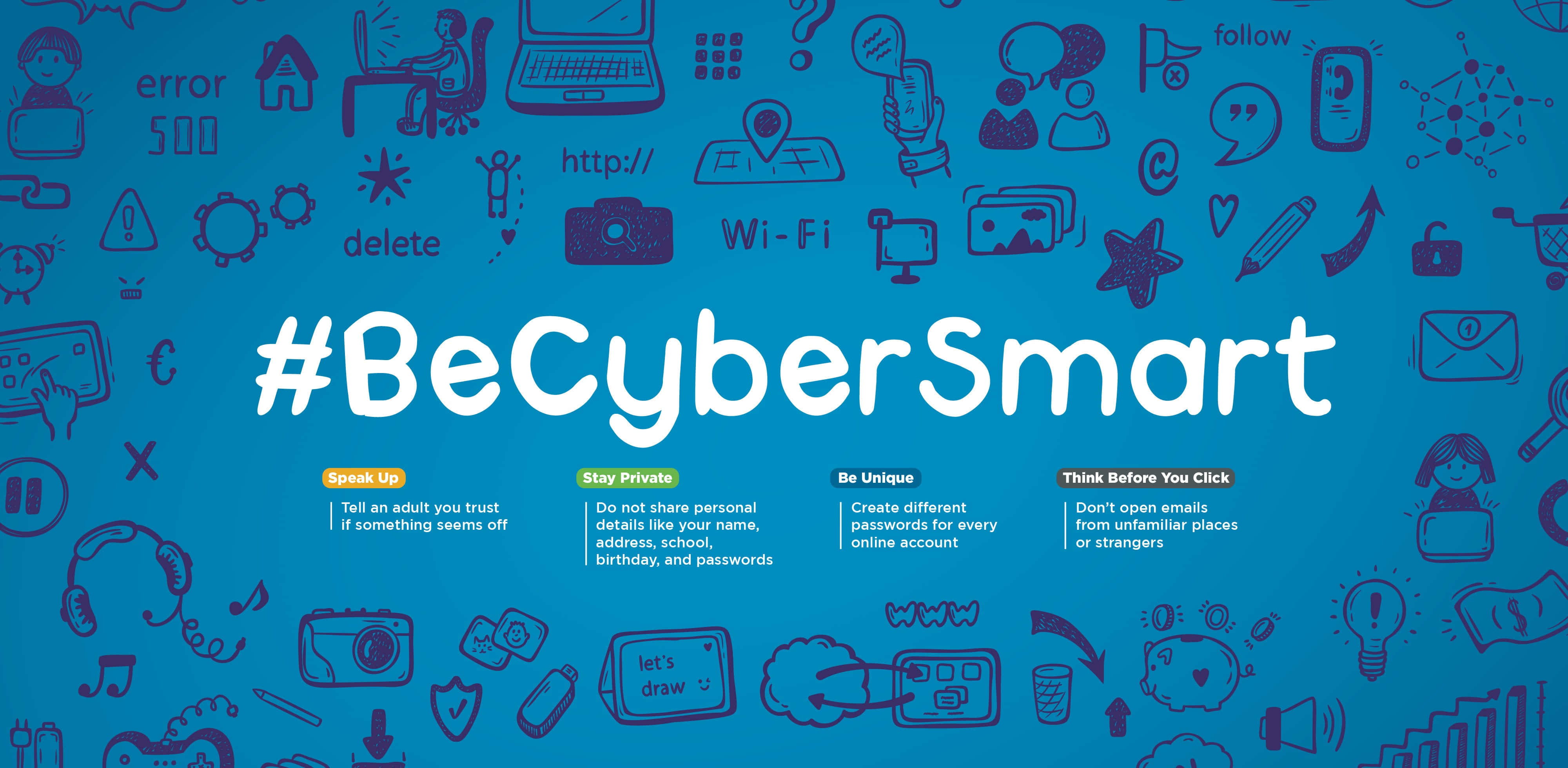 Cybersecurity Awareness Campaign, blue background, purple tech icons, 4K Desktop Wallpaper