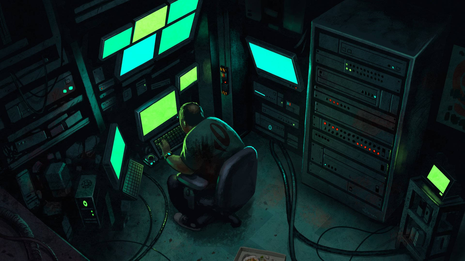 hacker, server room, green glow, Full HD Desktop Wallpaper