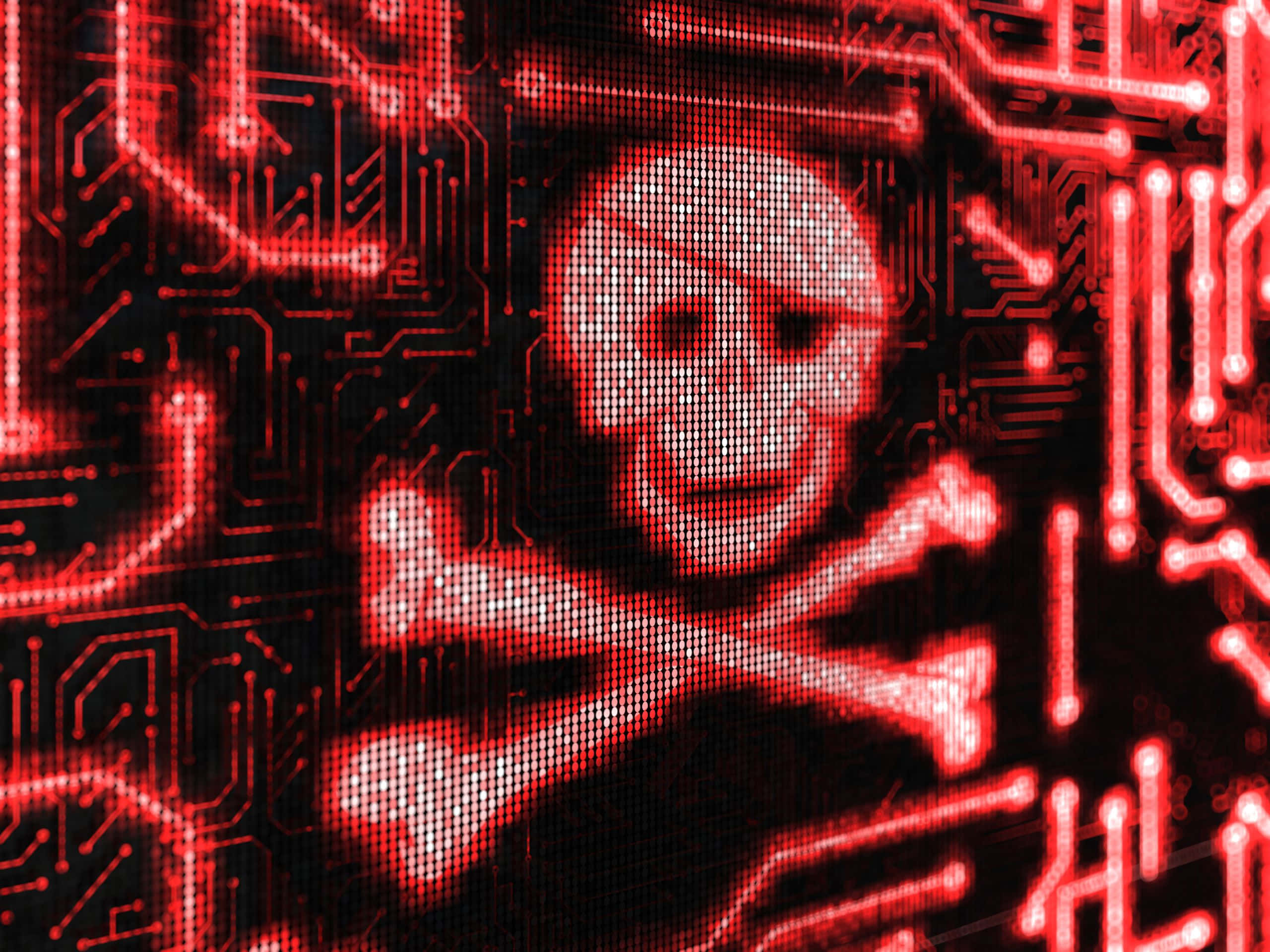 glowing red skull and crossbones, pixelated circuit board patterns, dark background, 2K Desktop Wallpaper