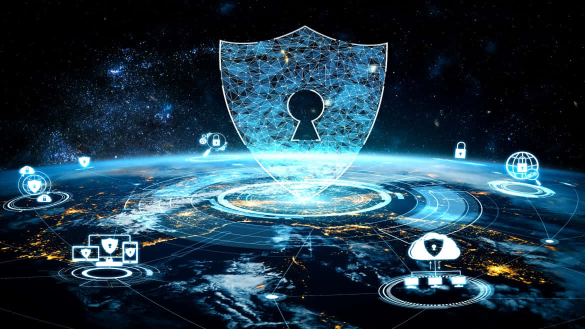glowing blue digital shield, Earth, night, SD Desktop Wallpaper