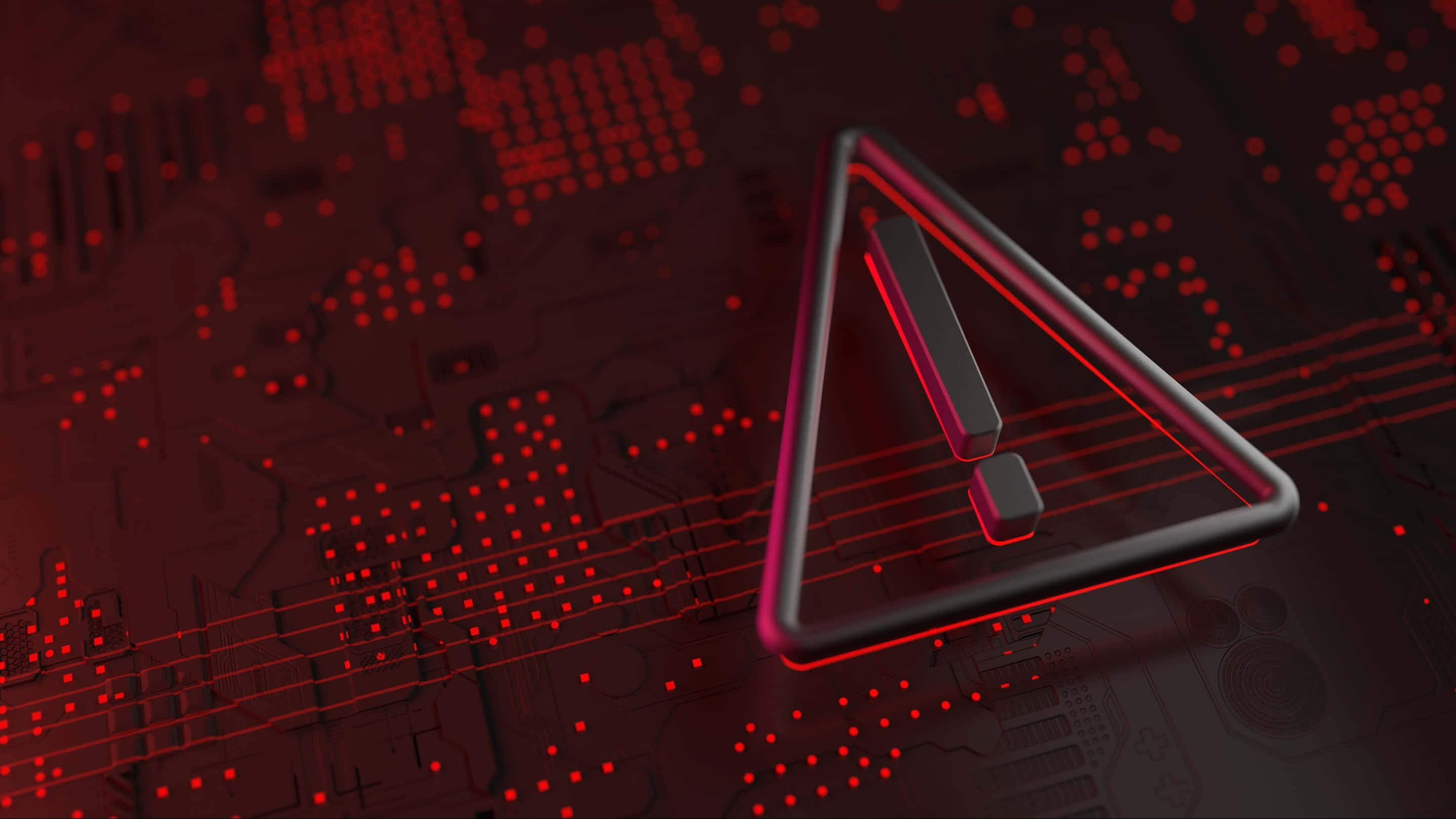 glowing red warning triangle, exclamation mark, circuit board, 2K Desktop Wallpaper