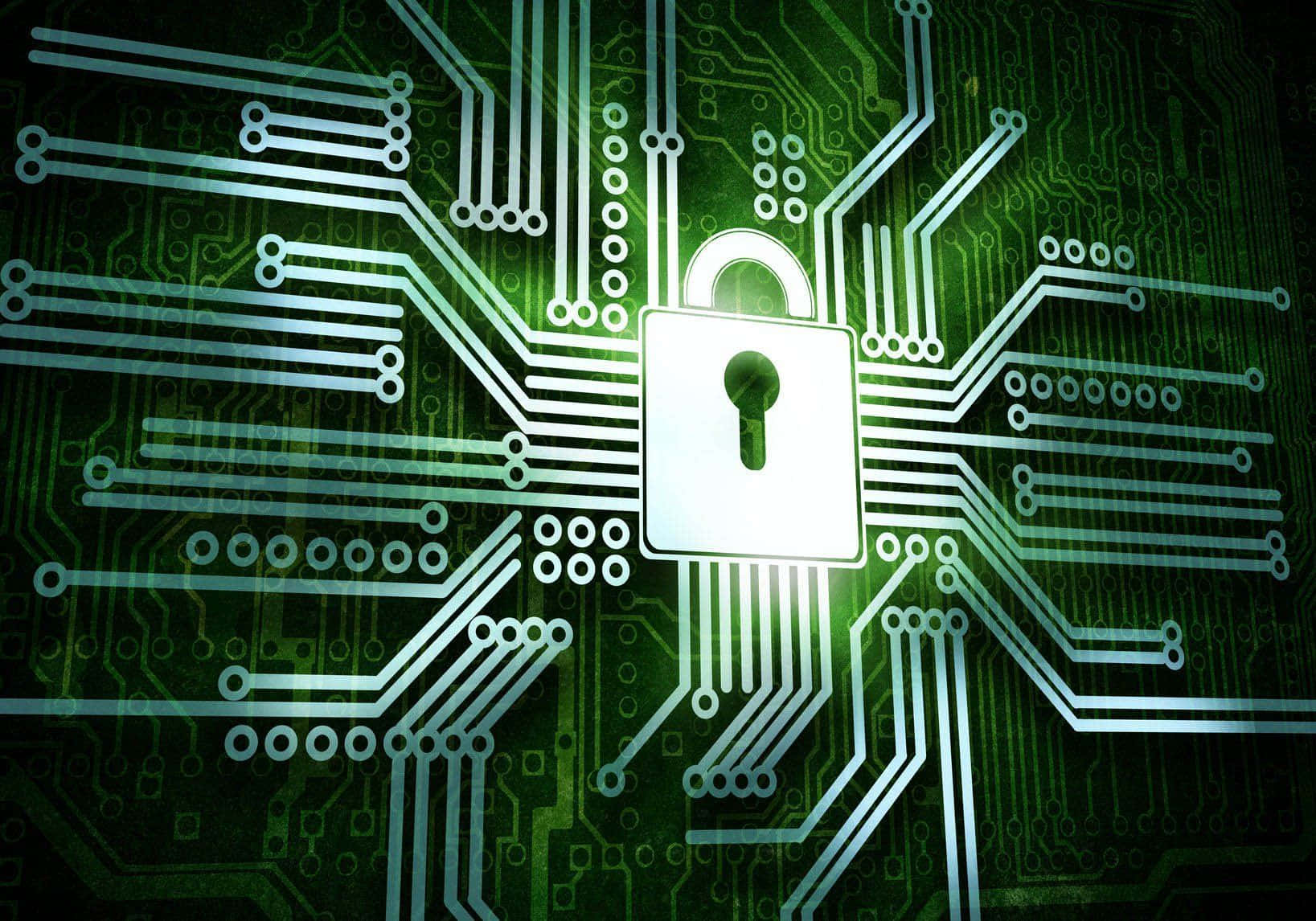 glowing white padlock, green circuit board, intricate silver pathways, HD Desktop Wallpaper