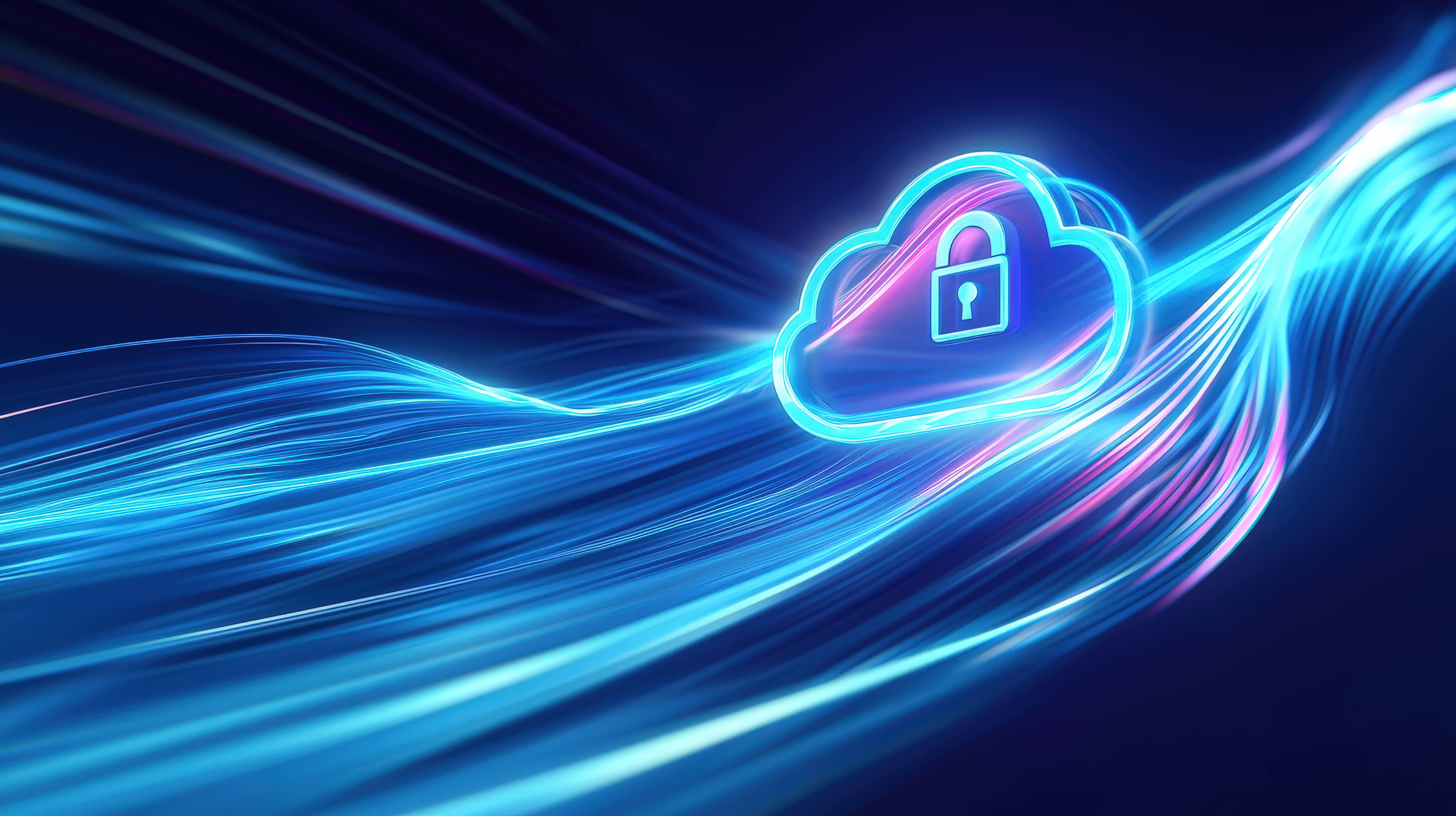 glowing neon cloud icon, padlock, blue and purple light streaks, 8K Desktop Wallpaper
